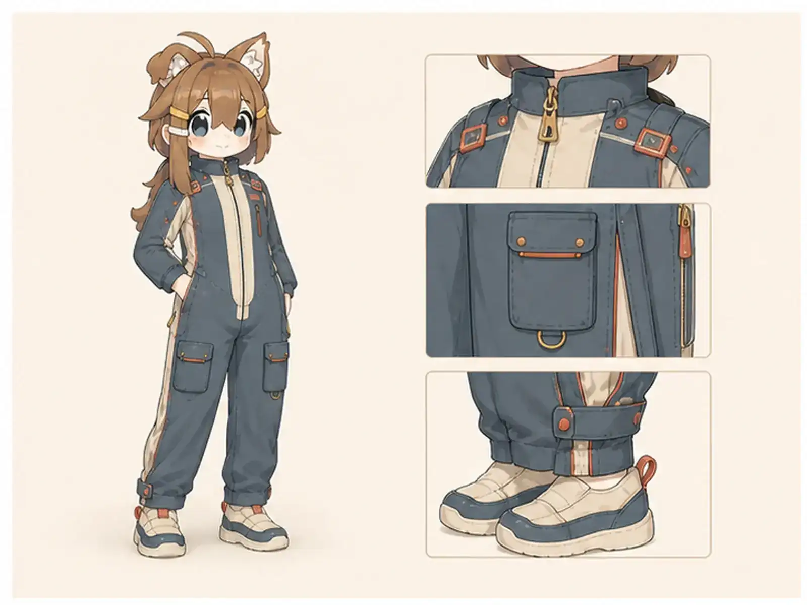 介助しやすい外出つなぎ — アダプティブ可動服の衣装設定画。着用全身と首元、腰の留め具、裾・靴・尾口の構造図。