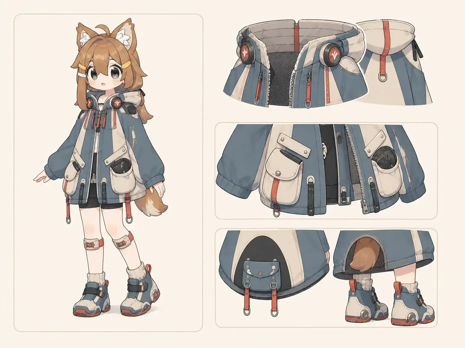 補聴機器を避けるフードコート — アダプティブ可動服の衣装設定画。着用全身と首元、腰の留め具、裾・靴・尾口の構造図。