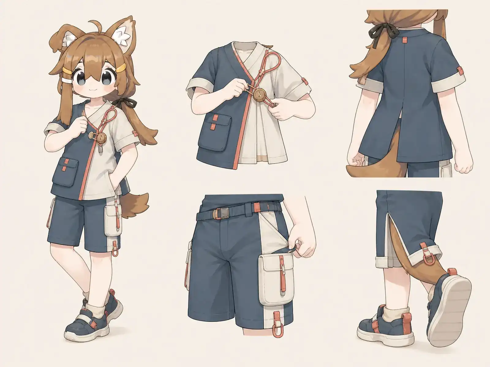 片手で閉じるラップ服 — アダプティブ可動服の衣装設定画。着用全身と首元、腰の留め具、裾・靴・尾口の構造図。