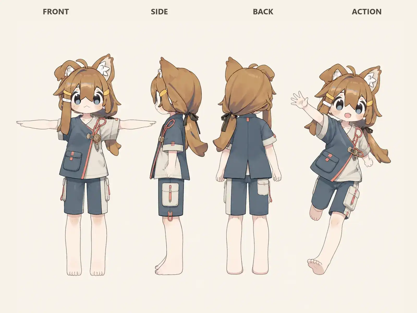 片手で閉じるラップ服 — アダプティブ可動服を着た低身長ユニセックスモデルの正面、左側面、背面、任意ポーズを左から並べた衣装設計図。