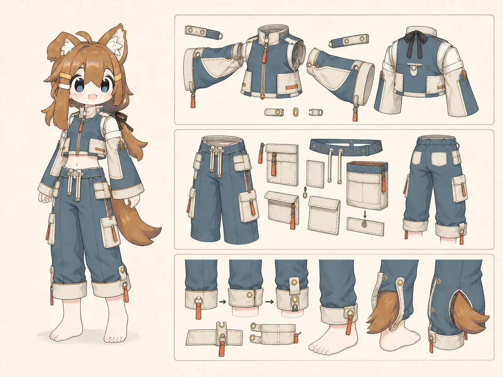 体温調整の分割レイヤー — アダプティブ可動服の衣装設定画。着用全身と首元、腰の留め具、裾・靴・尾口の構造図。