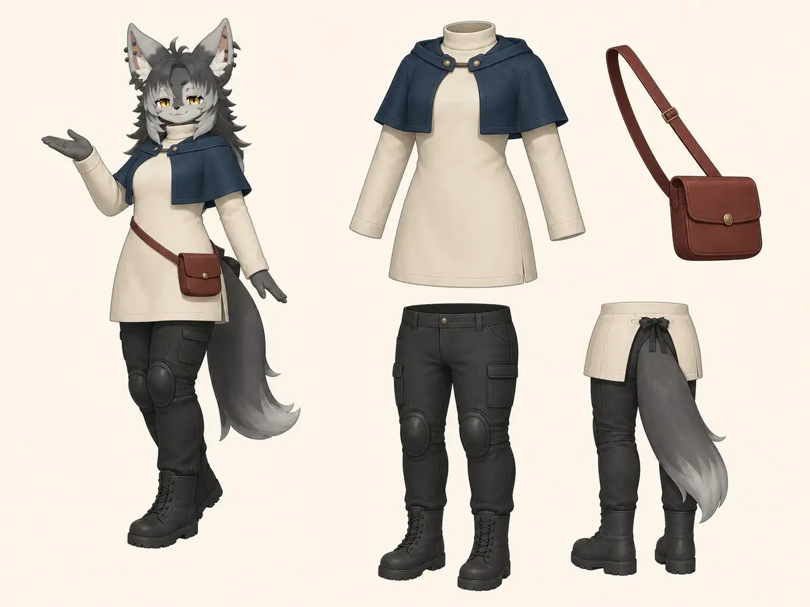 アンデス都市ケーブル交通ガイド服の衣装設定画。着用全身と首元、腰の留め具、裾・靴・尾口の構造図。