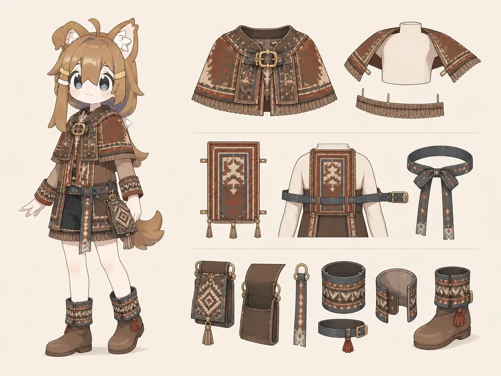 四隅帽の輪郭服 — アンデス織物の構造研究の衣装設定画。着用全身と首元、腰の留め具、裾・靴・尾口の構造図。