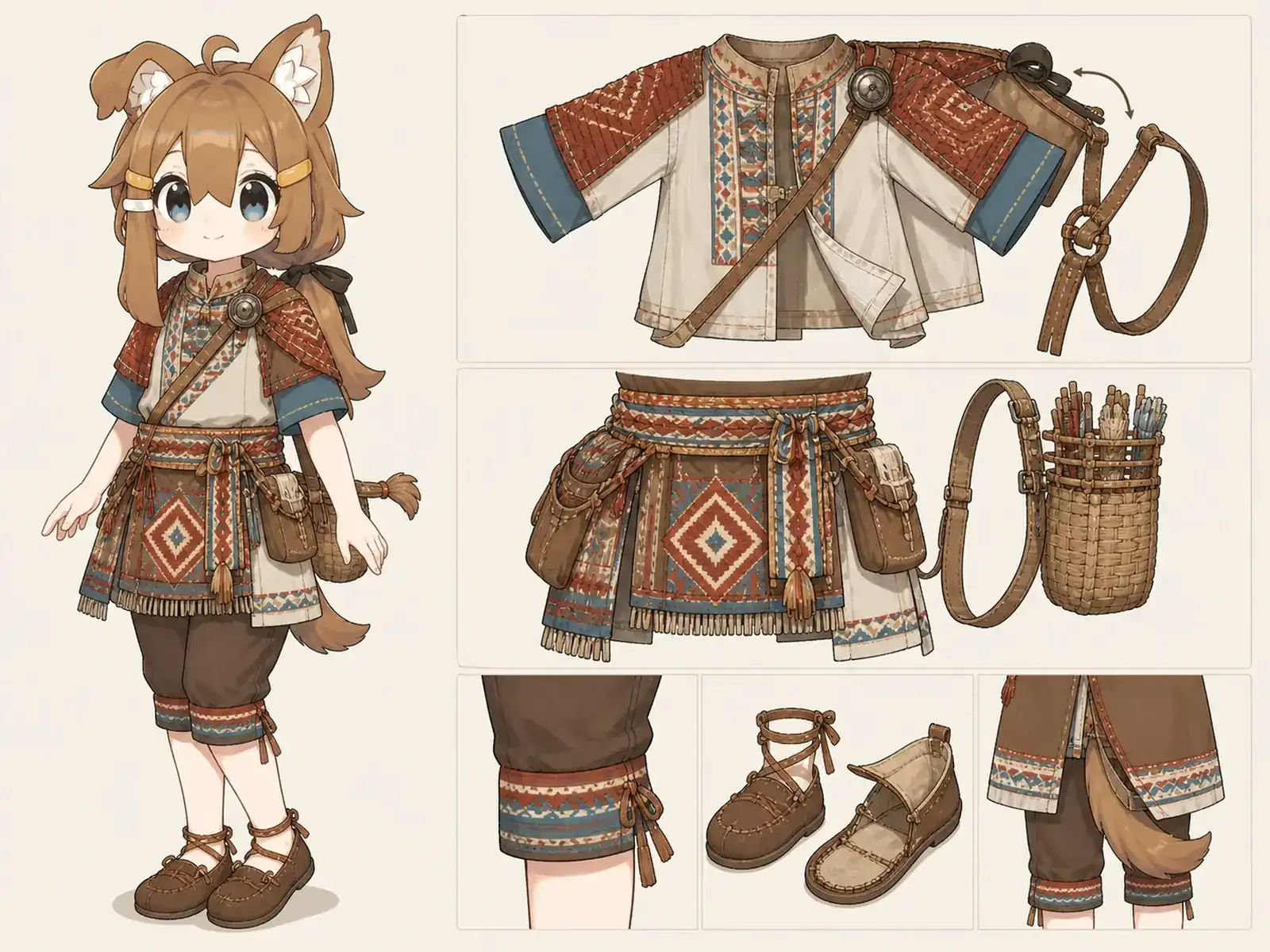 織り工房の作業服 — アンデス織物の構造研究の衣装設定画。着用全身と首元、腰の留め具、裾・靴・尾口の構造図。