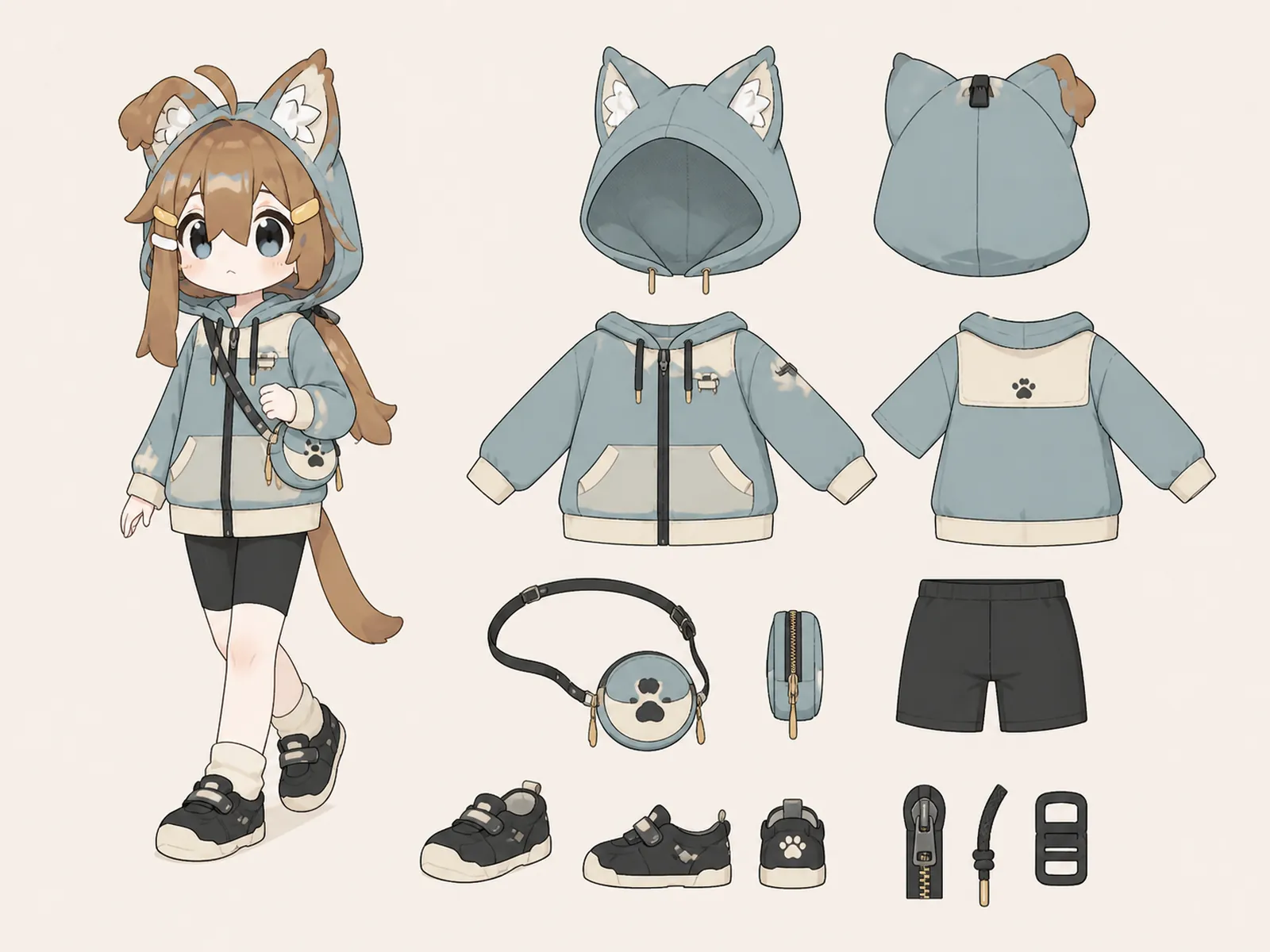 ねこのまち歩きフーディーの衣装設定画。自由ポーズの着用全身と、衣装ディテール・小物の形や作りを示す。