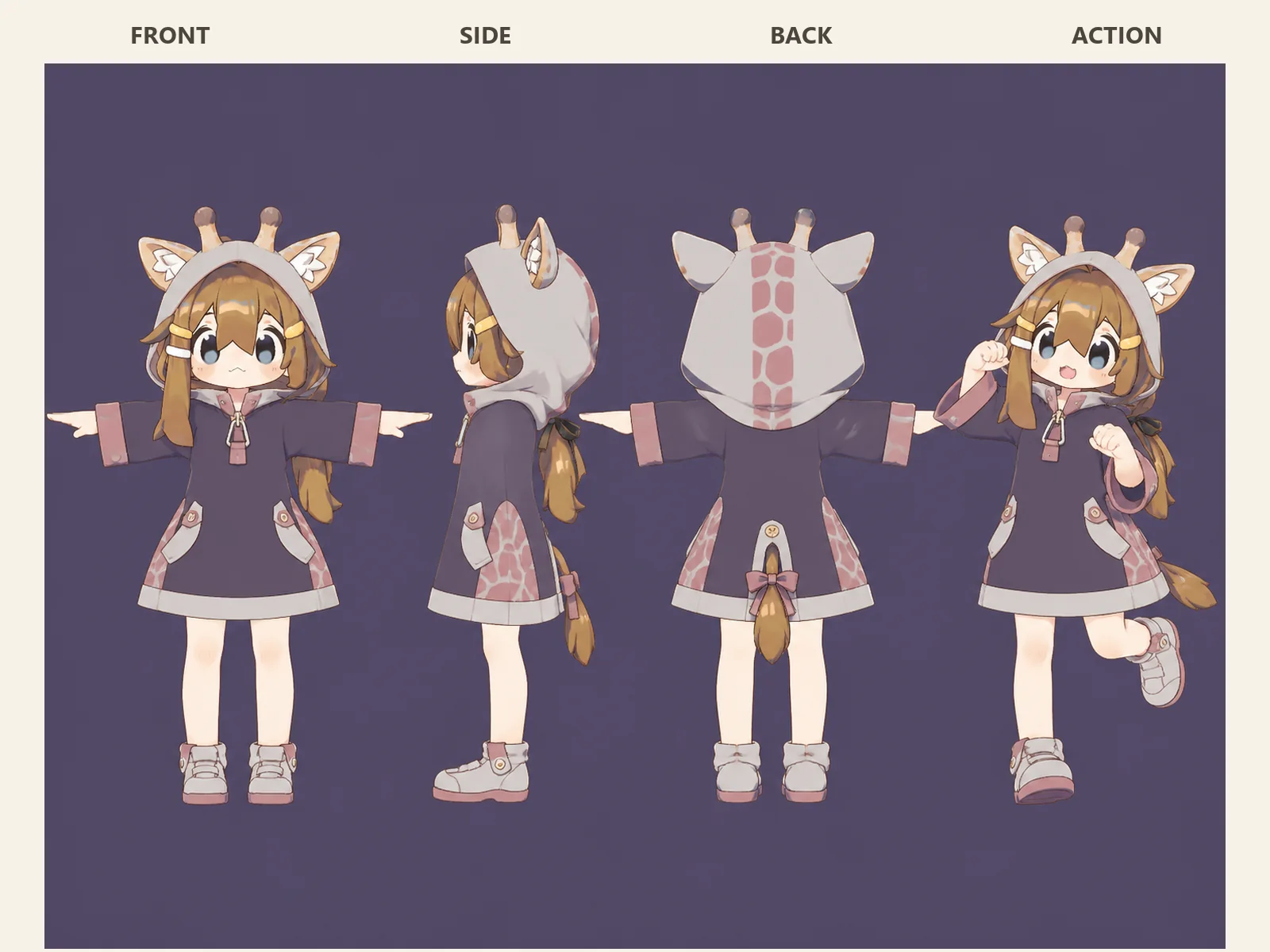 きりんのまち歩きフーディーを着たデフォルメ・ユニセックスモデルの正面、左側面、背面、任意ポーズを左から並べた衣装設計図。