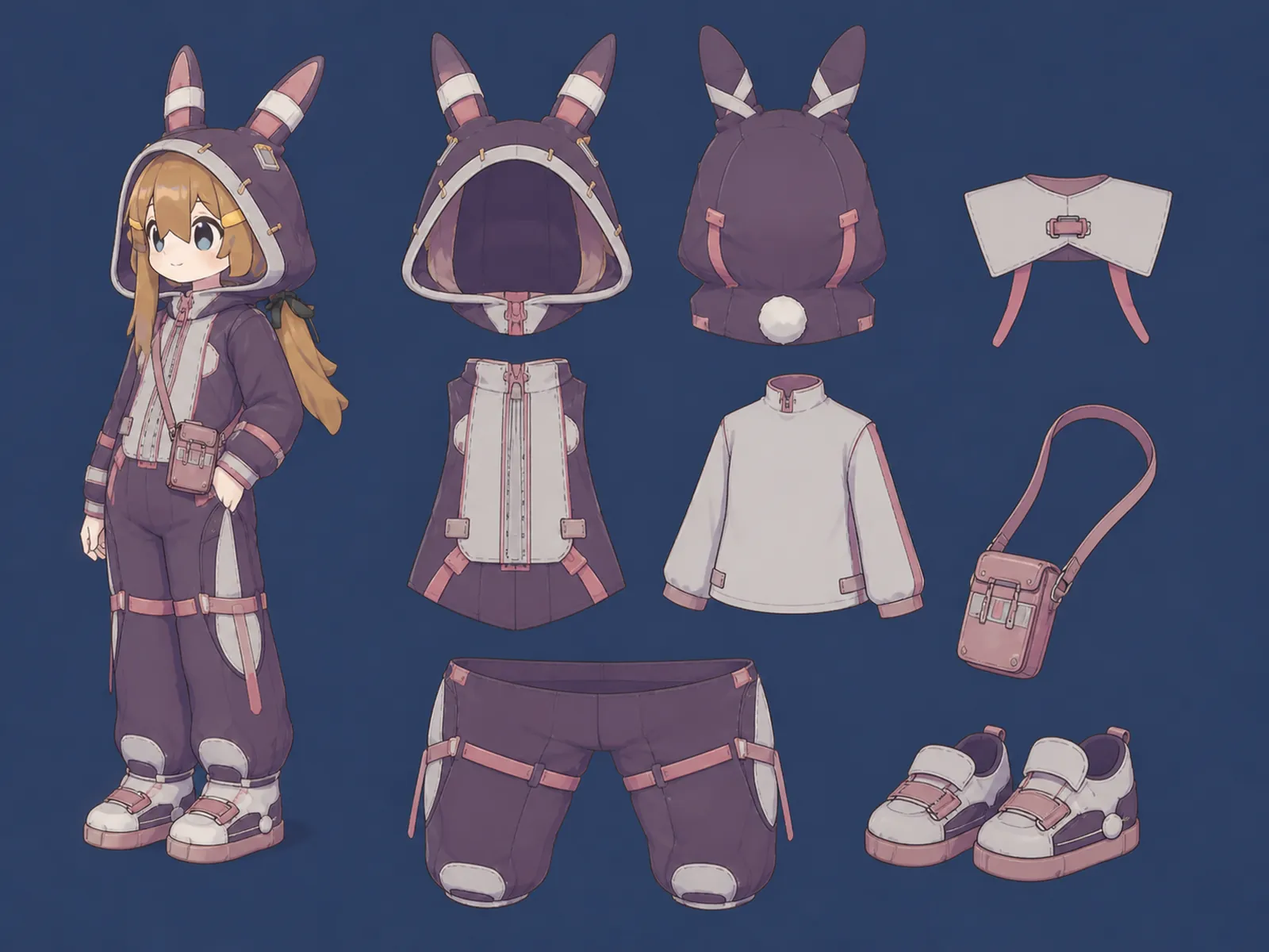 うさぎのまち歩きフーディーの衣装設定画。自由ポーズの着用全身と、衣装ディテール・小物の形や作りを示す。