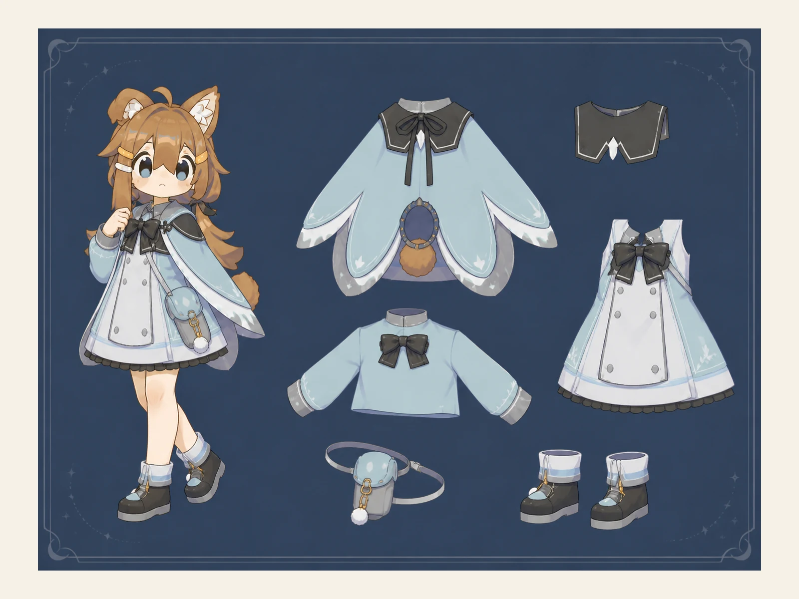 うさぎ月影パレード仮装の衣装設定画。自由ポーズの着用全身と、衣装ディテール・小物の形や作りを示す。
