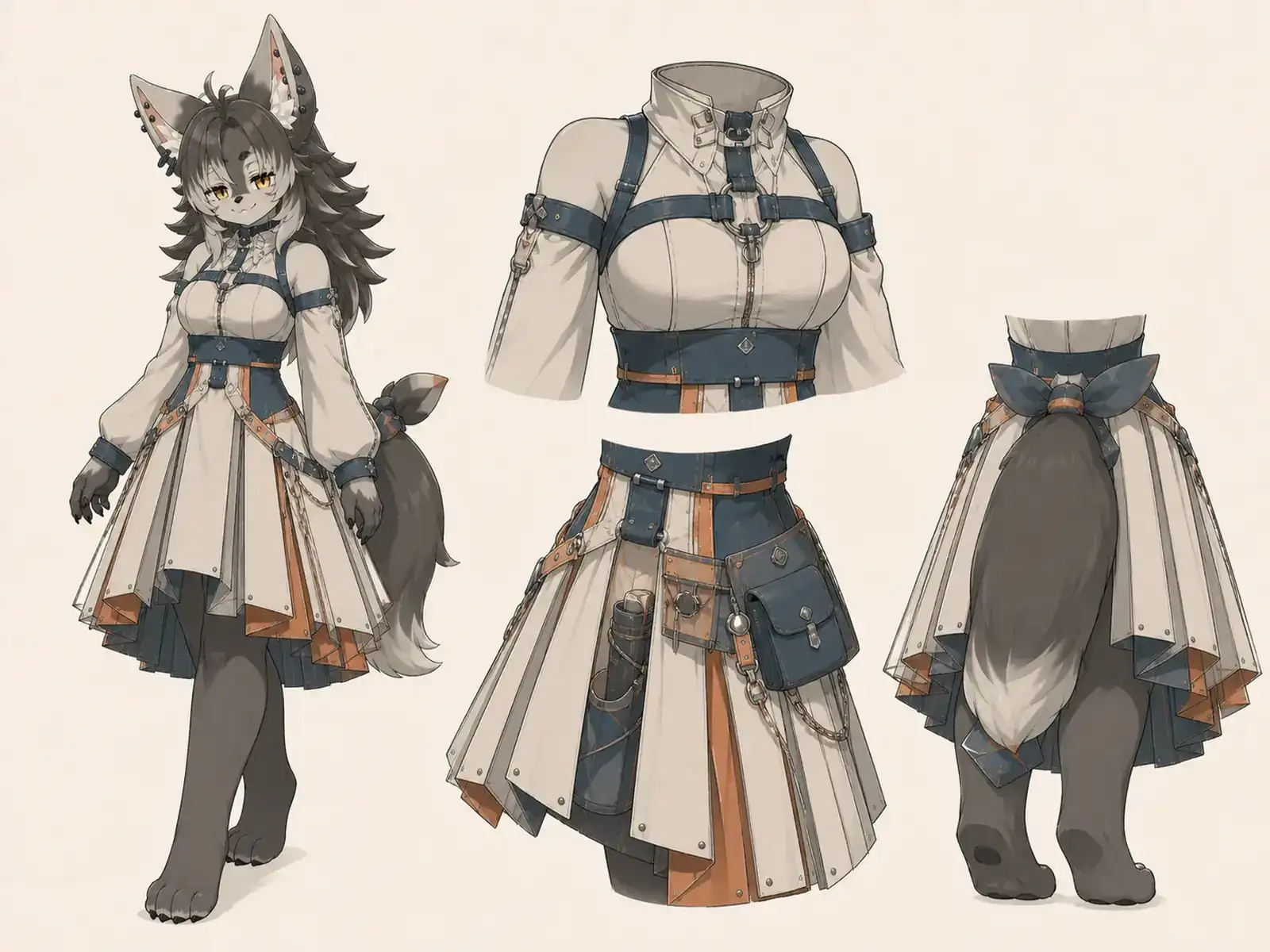 折板構造のスカート服 — 建築構造クチュールの衣装設定画。着用全身と首元、腰の留め具、裾・靴・尾口の構造図。