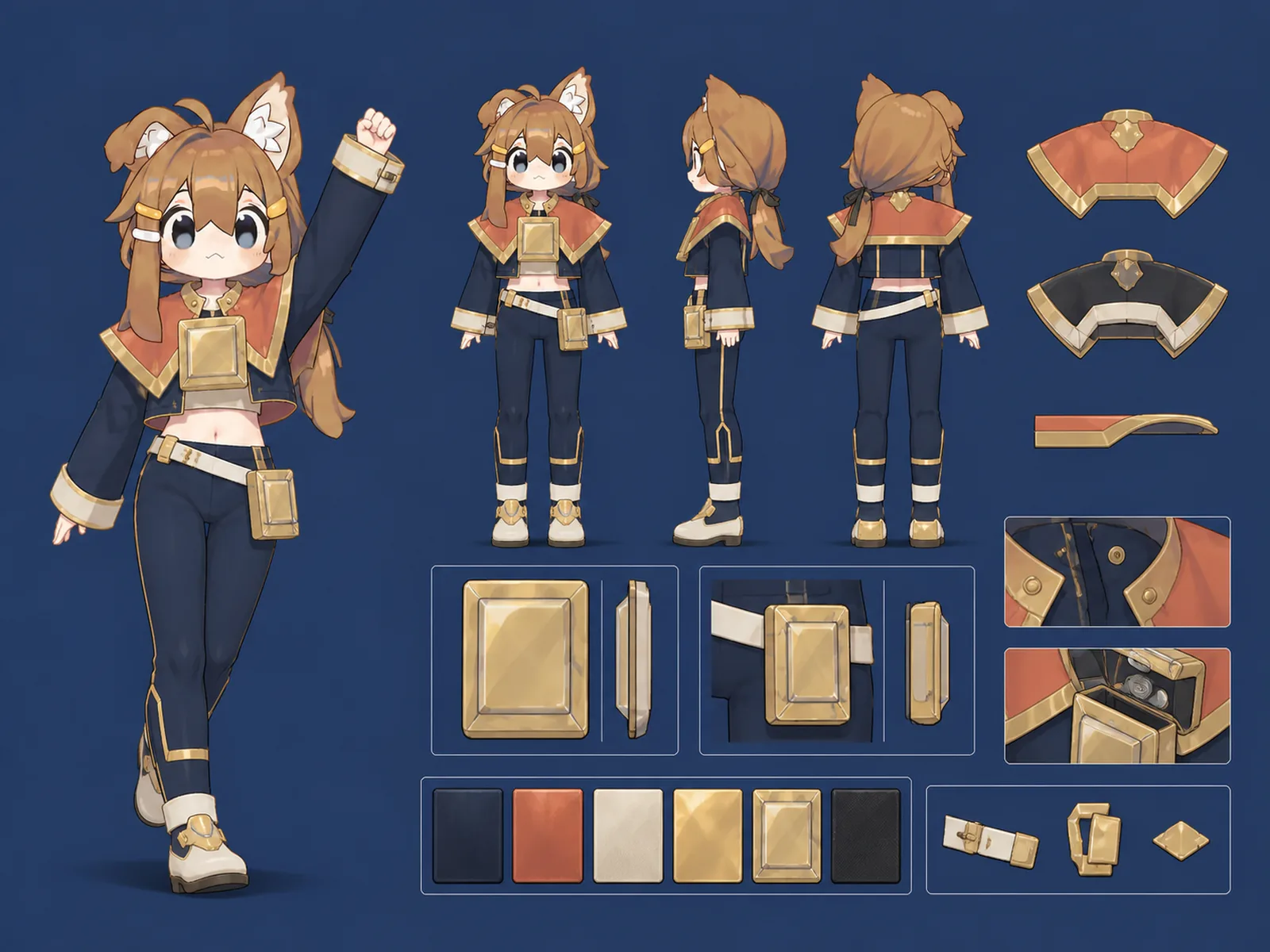 朝光プリズム観測員の分割ヨーク服の衣装設定画。着用全身と衣装ディテール、構造、小物を示す。