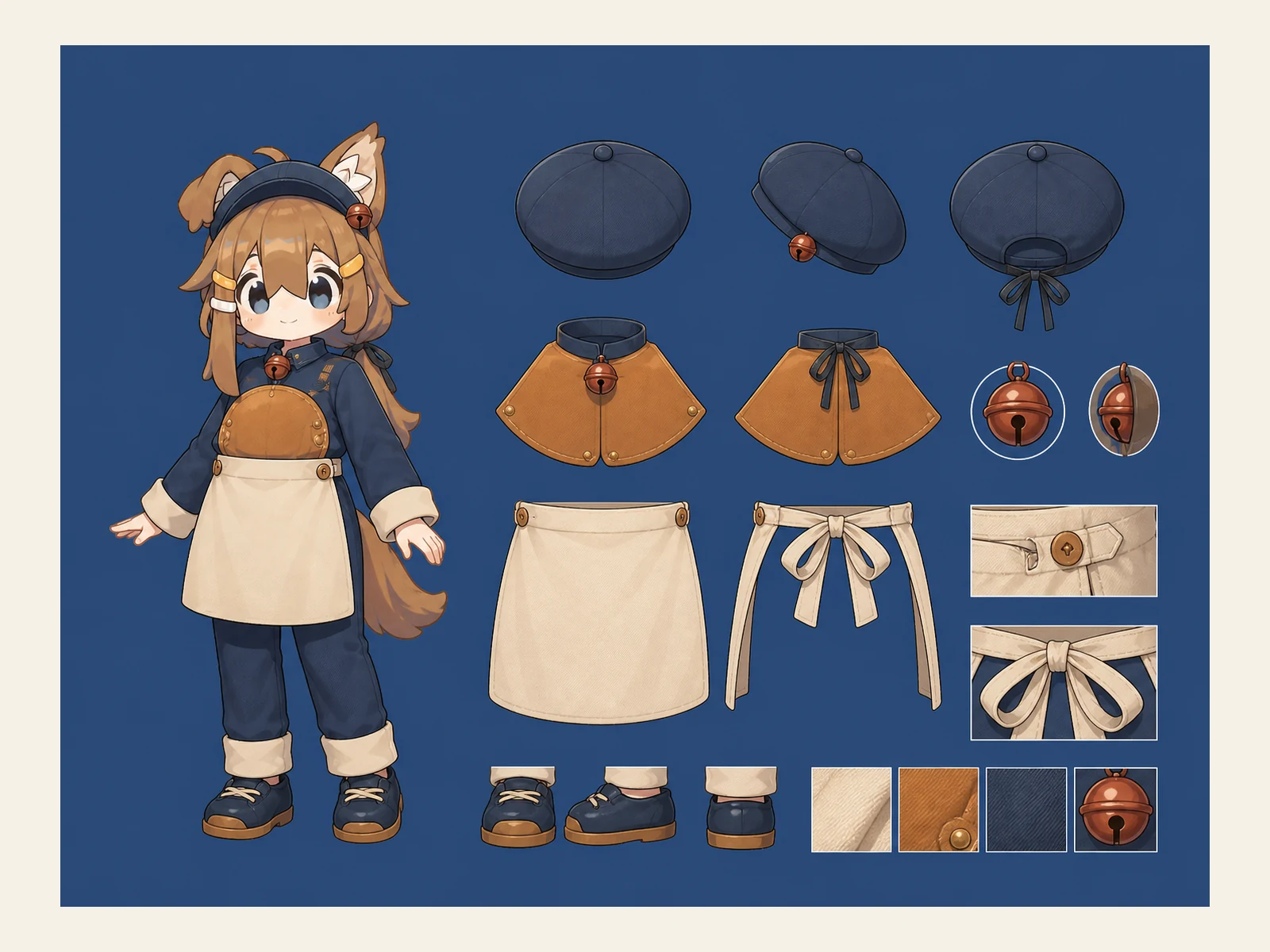 霜鐘ベーカリー朝番のパン型ポケット服の衣装設定画。着用全身と衣装ディテール、構造、小物を示す。