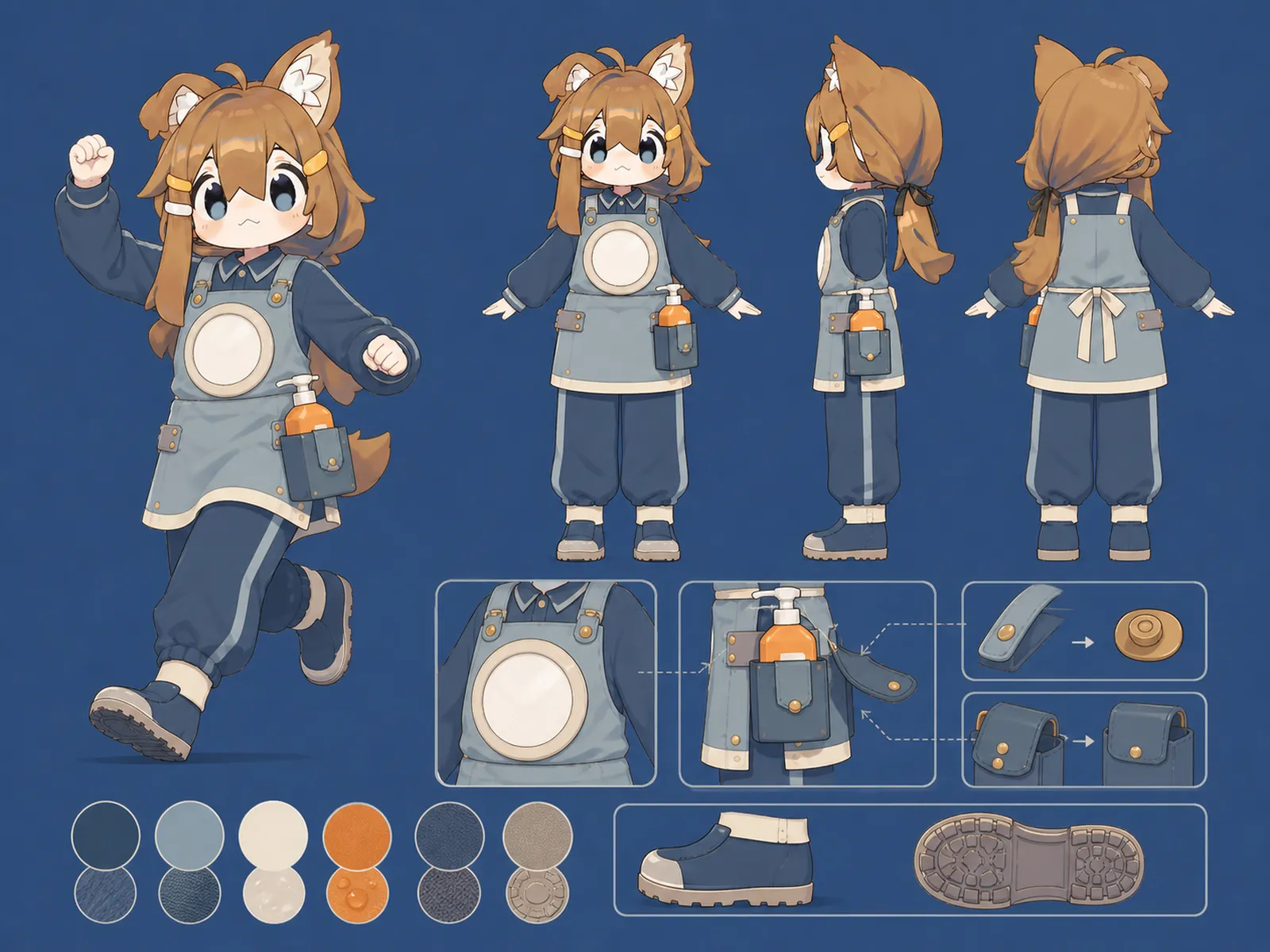 夜洗浄キャスターの丸窓エプロン服の衣装設定画。着用全身と衣装ディテール、構造、小物を示す。