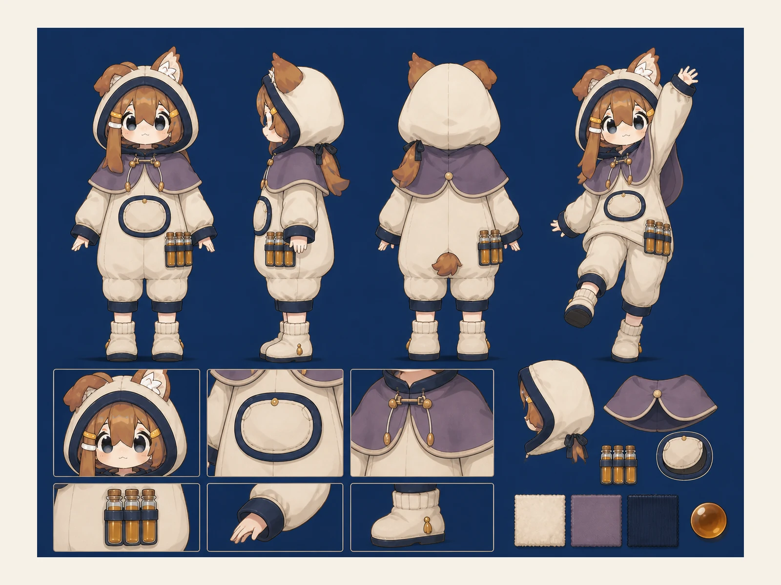 枕雲錬金士の丸フード保温服の衣装設定画。着用全身と衣装ディテール、構造、小物を示す。