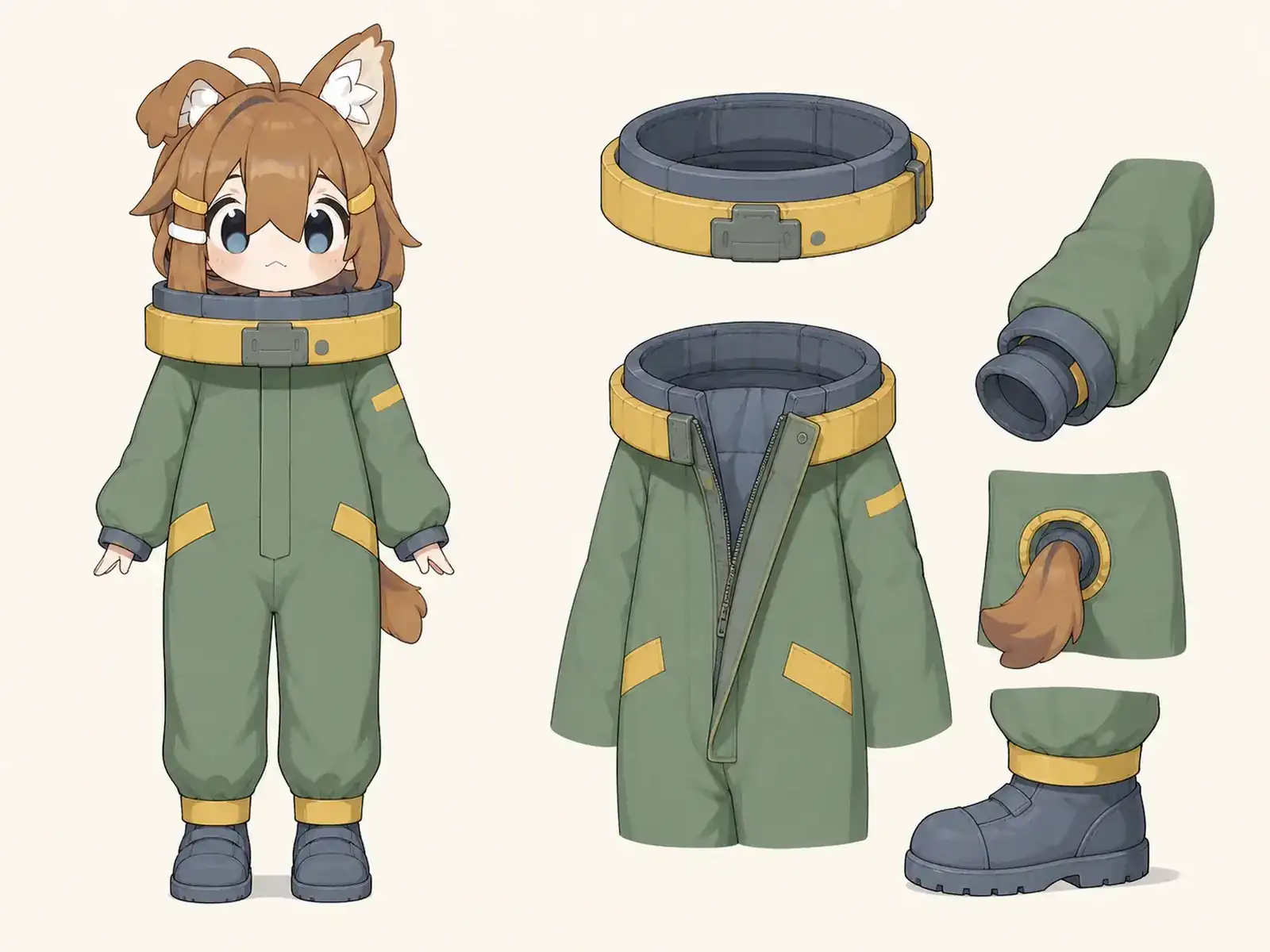 小惑星温室の花粉点検服の衣装設定画。着用全身と首元、腰の留め具、裾・靴・尾口の構造図。