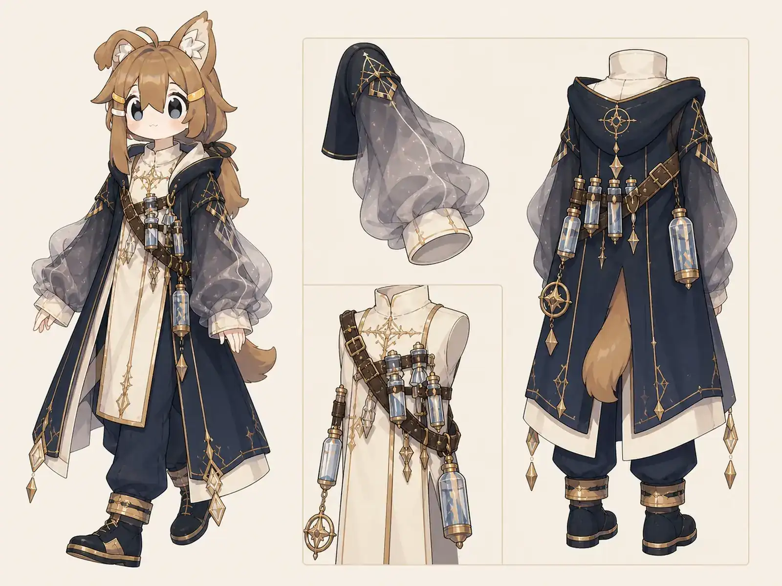 星雲薬品の調合師 — 星律学園の天文魔術科の衣装設定画。着用全身と首元、腰の留め具、裾・靴・尾口の構造図。