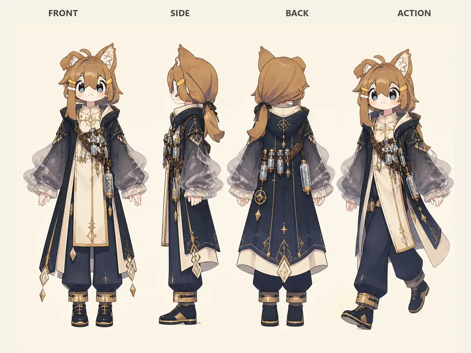 星雲薬品の調合師 — 星律学園の天文魔術科を着た低身長ユニセックスモデルの正面、左側面、背面、任意ポーズを左から並べた衣装設計図。
