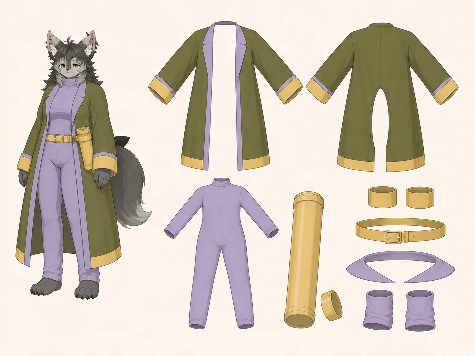 樹皮布資料の保存員服 — 樹皮布と大面衣の研究の衣装設定画。着用全身と首元、腰の留め具、裾・靴・尾口の構造図。