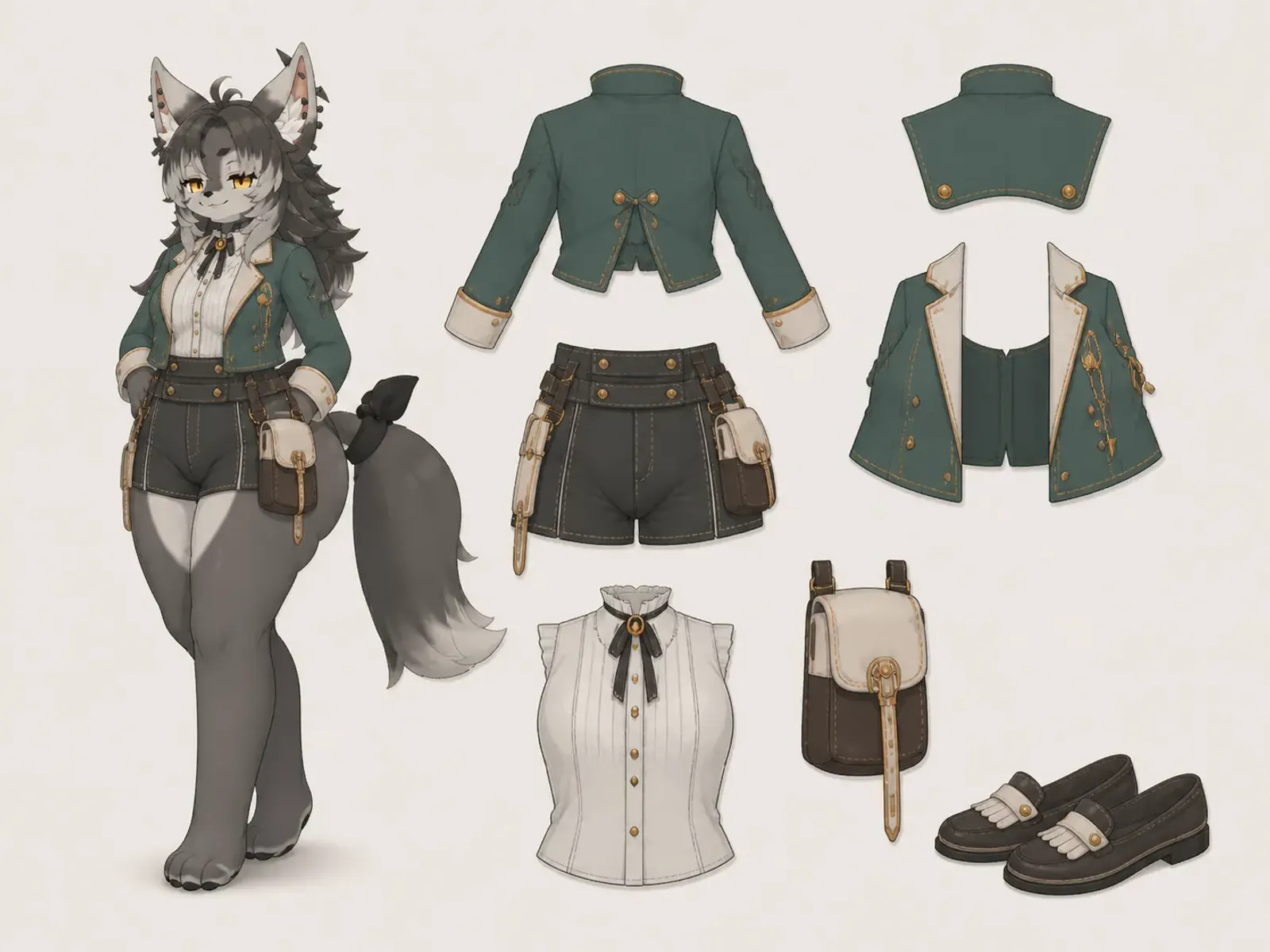 パン屋の朝の夜カフェジャケットの衣装設定画。自由ポーズの着用全身と、衣装ディテール・小物の形や作りを示す。