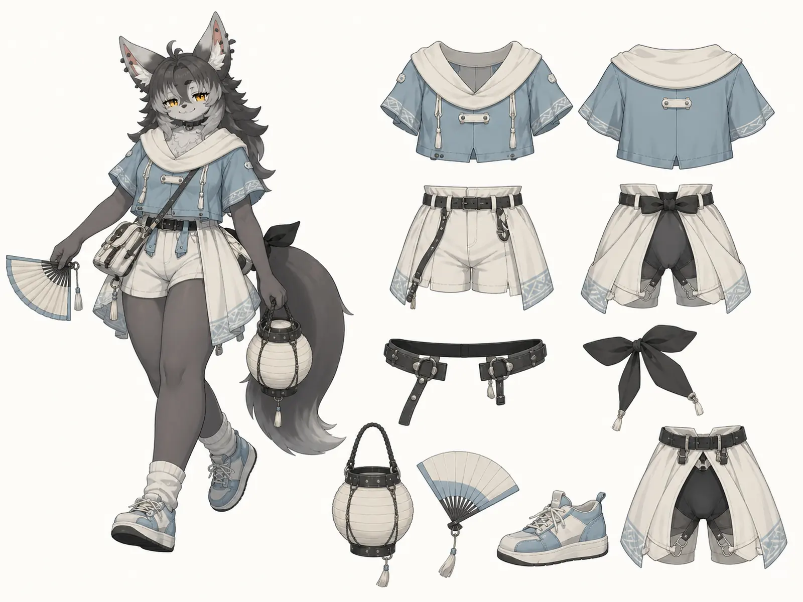 夏祭りの帰り道の午後デートワンピースの衣装設定画。自由ポーズの着用全身と、衣装ディテール・小物の形や作りを示す。
