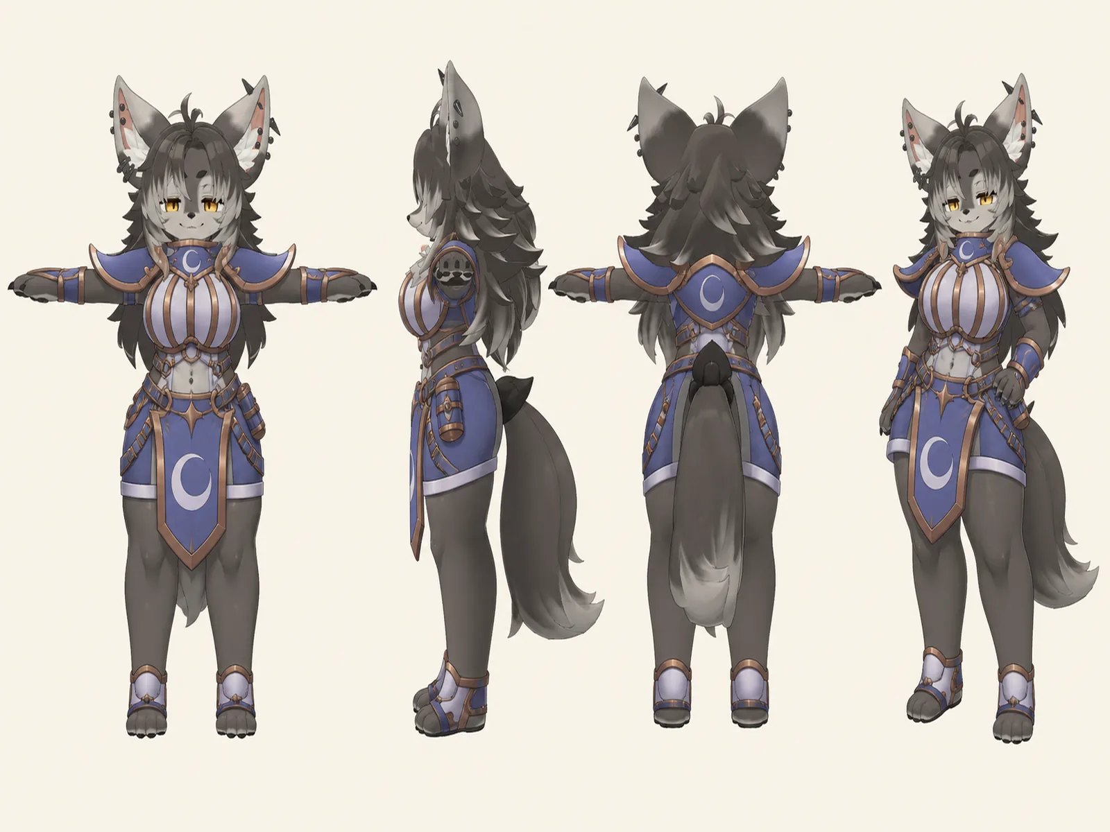 月影魔術師の幻灯アーマーを着た成人女性型オオカミ獣人モデルの正面、左側面、背面、任意ポーズを左から並べた衣装設計図。