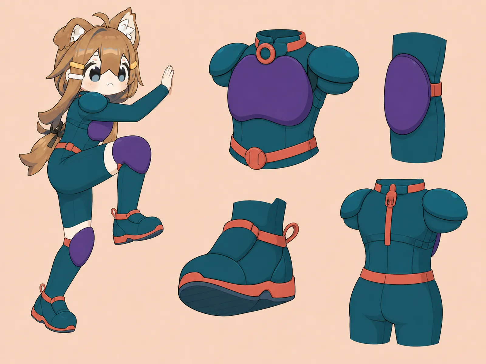 微細吸着移動服 — 生体機能ファッションの衣装設定画。着用全身と首元、腰の留め具、裾・靴・尾口の構造図。
