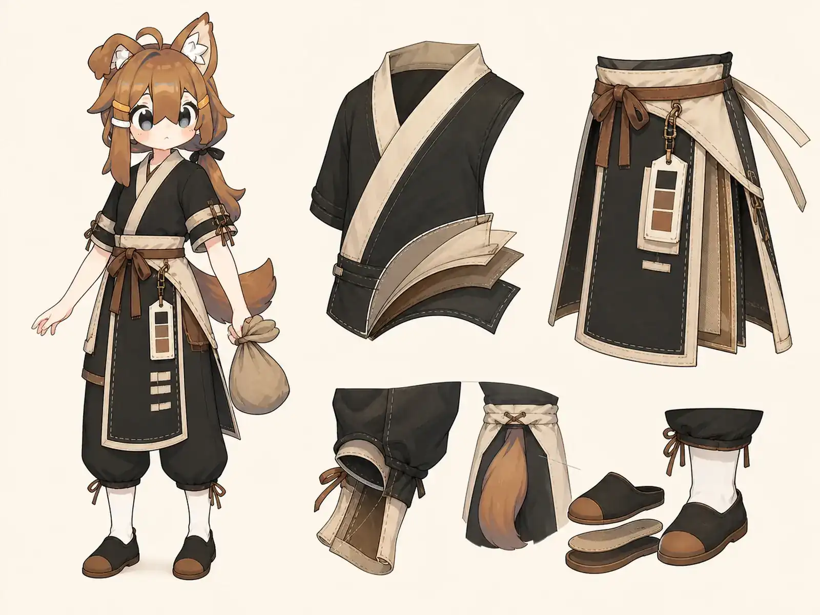 染め工房の作業服 — ボゴランフィニの面構成研究の衣装設定画。着用全身と首元、腰の留め具、裾・靴・尾口の構造図。