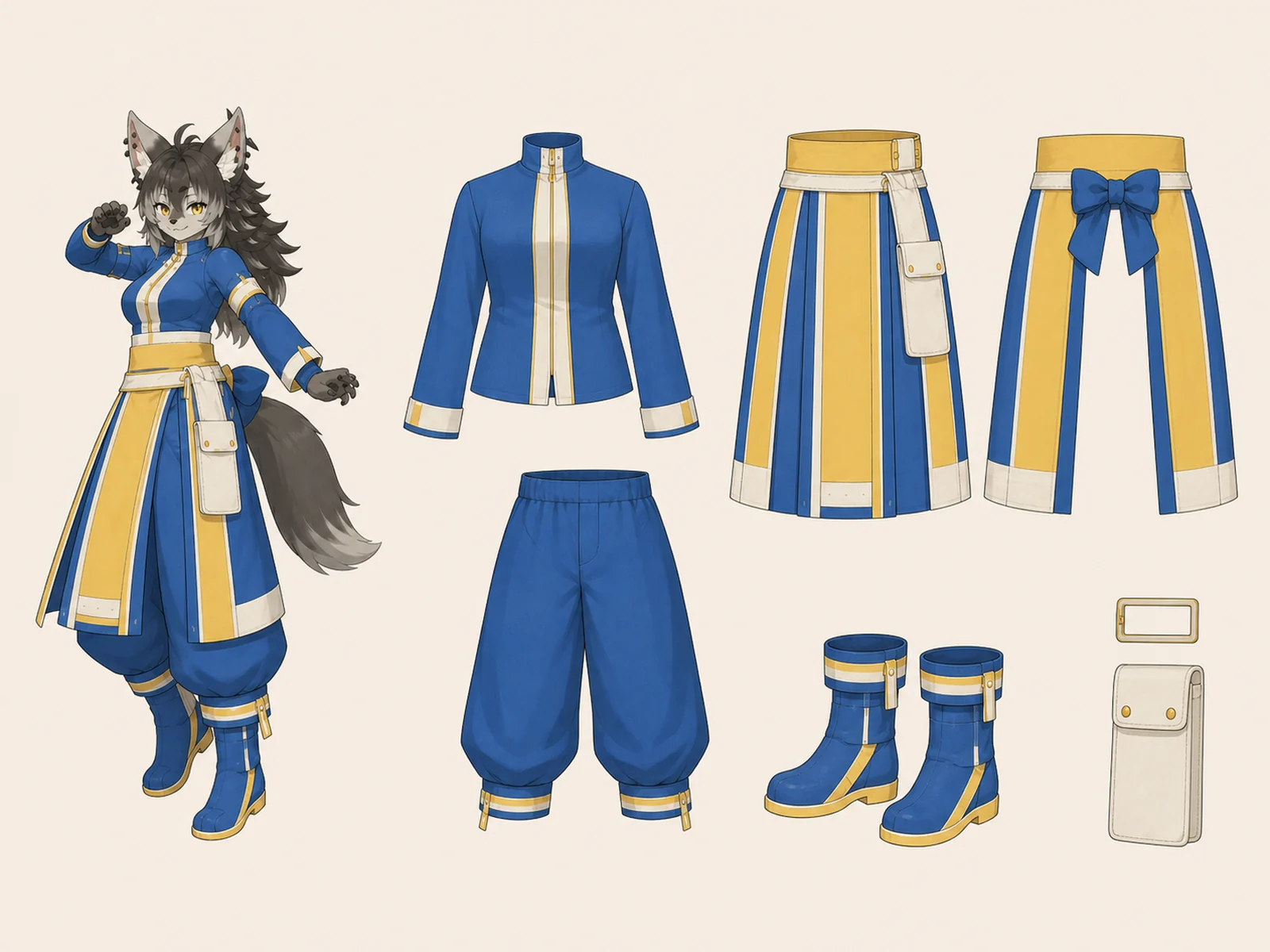 黒白面のミニマル服 — ボゴランフィニの面構成研究の衣装設定画。着用全身と首元、腰の留め具、裾・靴・尾口の構造図。