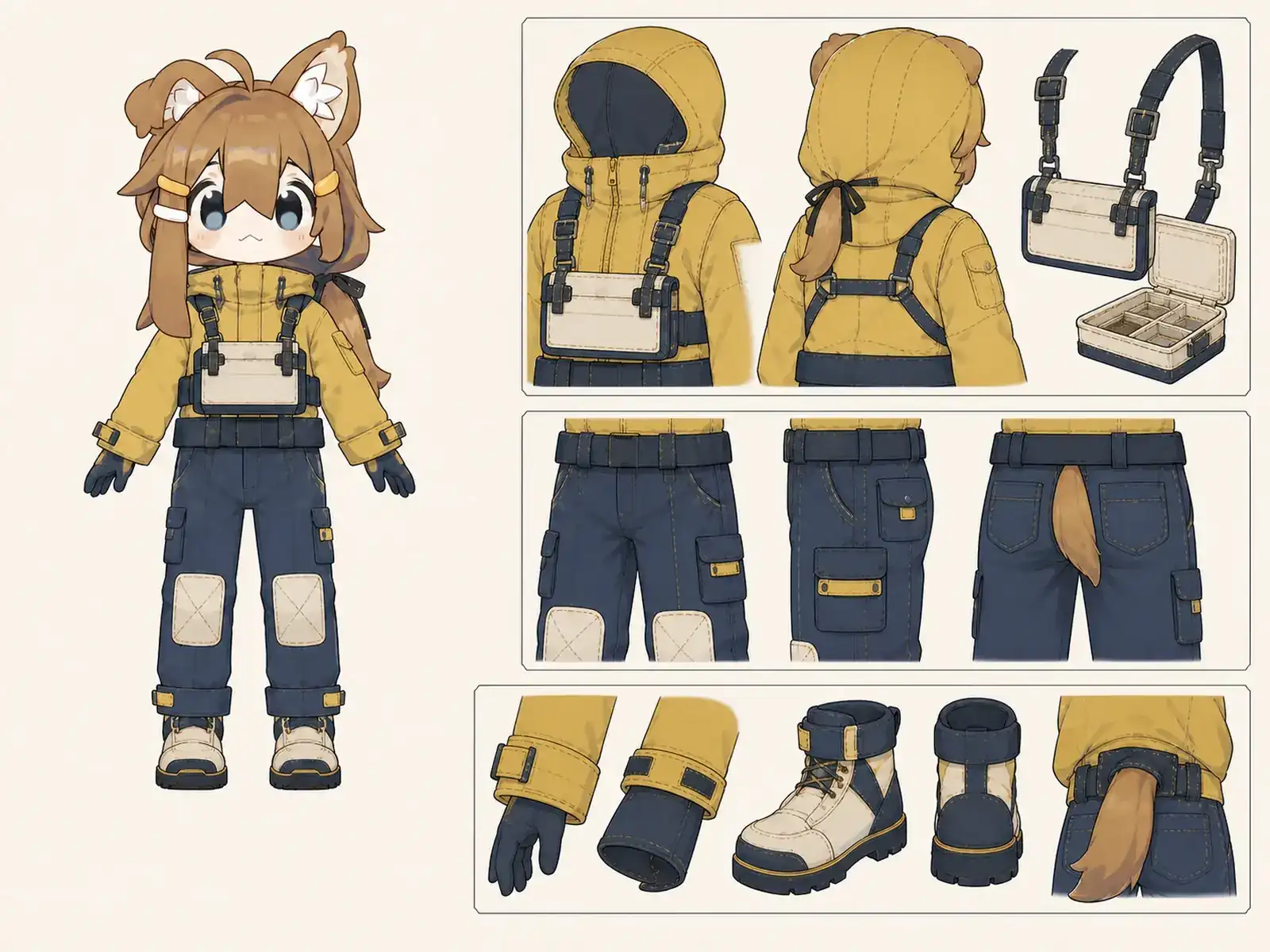 峡谷水路の教育ナビ服の衣装設定画。着用全身と首元、腰の留め具、裾・靴・尾口の構造図。