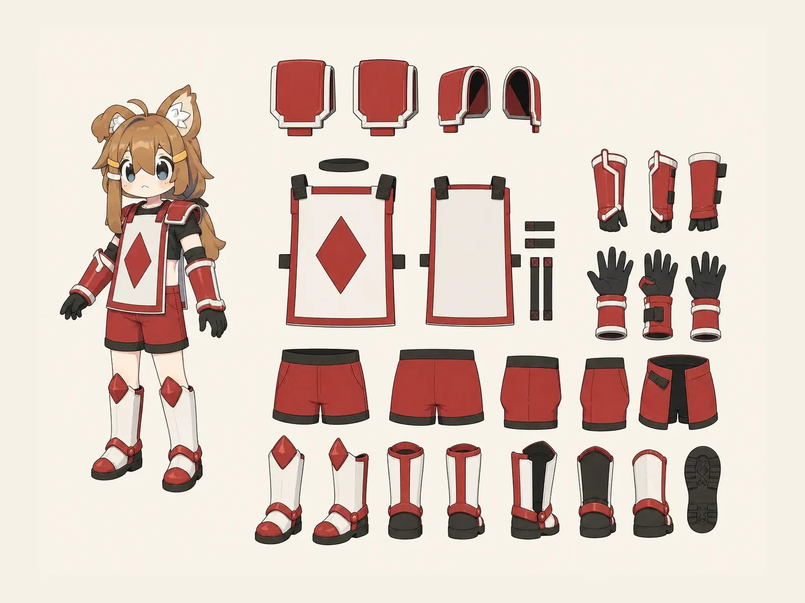 カード兵コスプレの衣装設定画。着用全身と衣装部品の構造を示す独立設定画。