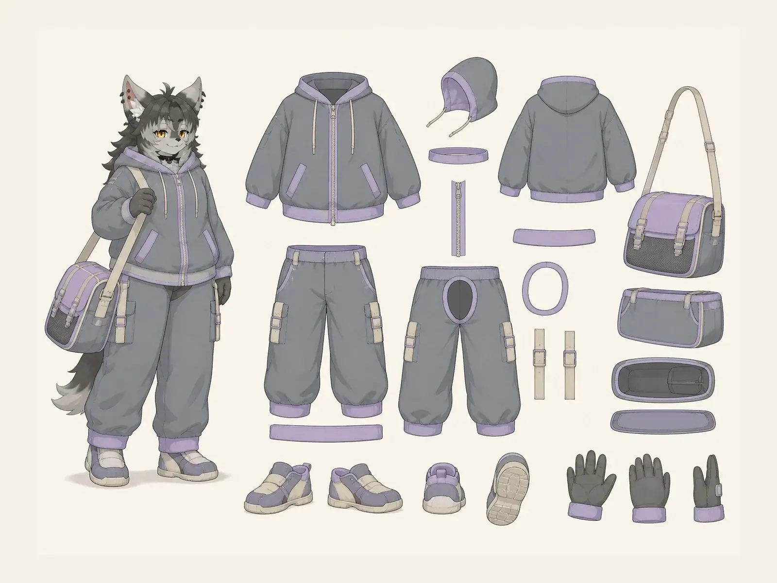 仮装後のカジュアル着替え服の衣装設定画。着用全身と衣装部品の構造を示す独立設定画。