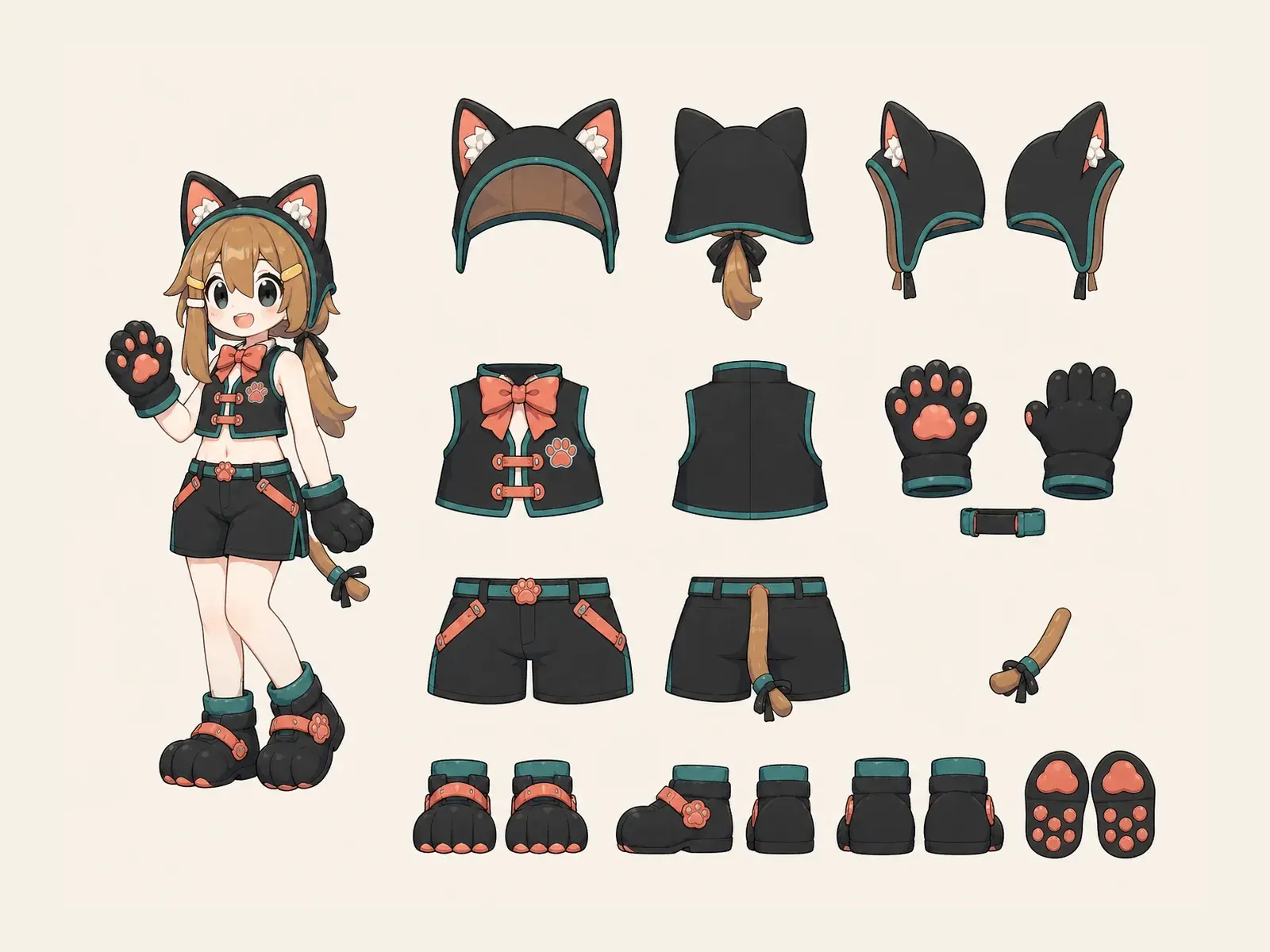 猫肉球ゲーム司会仮装の衣装設定画。着用全身と衣装部品の構造を示す独立設定画。