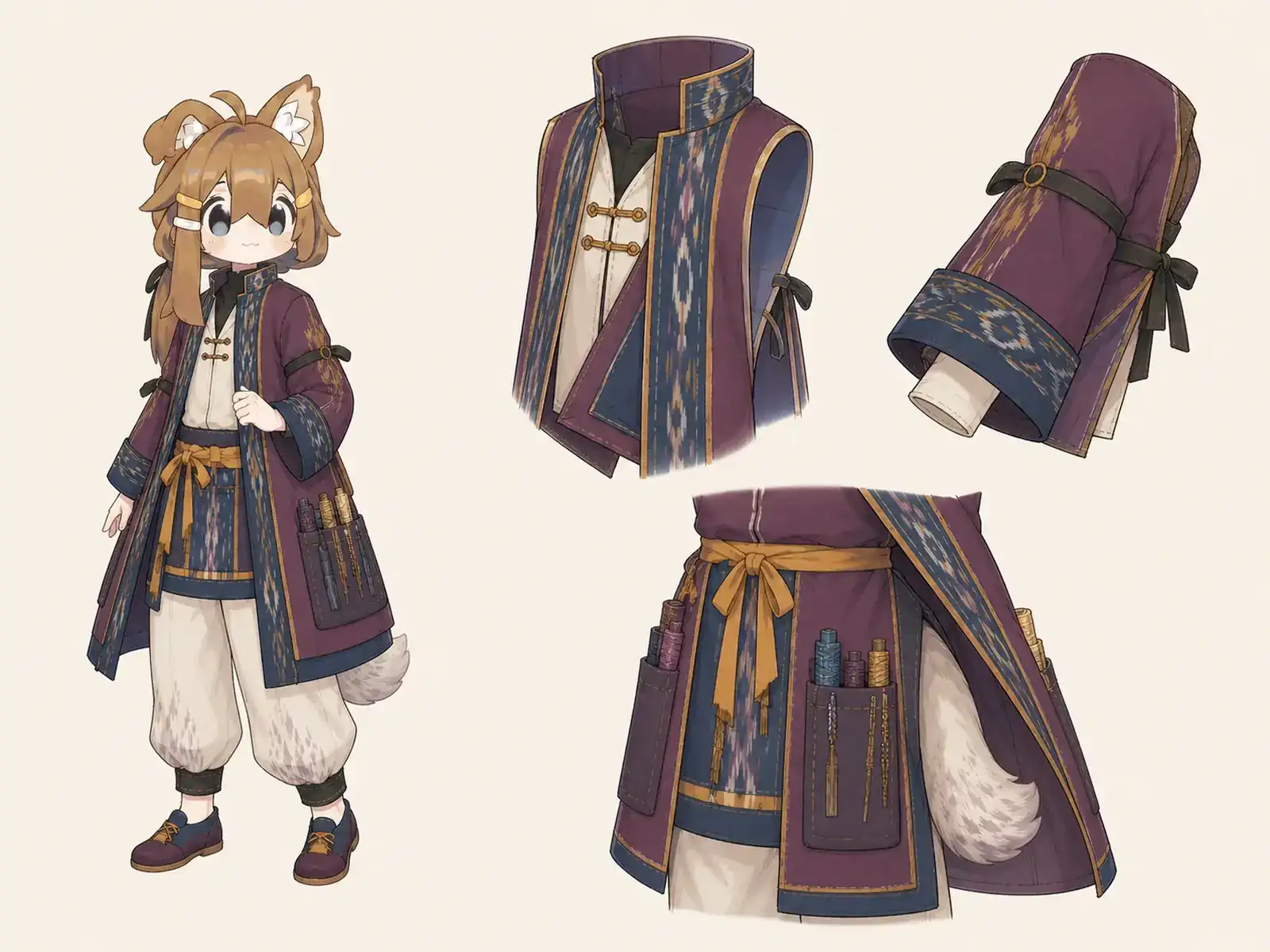 織り工房の作業服 — 中央アジア絣袍の再構成の衣装設定画。着用全身と首元、腰の留め具、裾・靴・尾口の構造図。