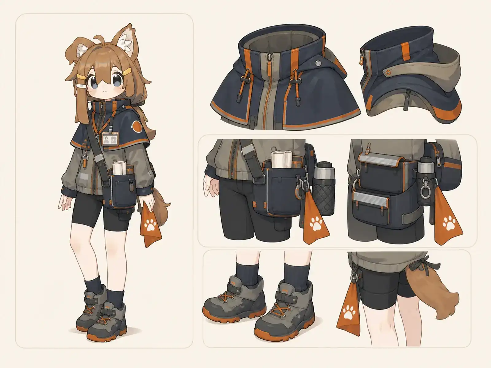 迷子案内係 — 都市サービスの制服の衣装設定画。着用全身と首元、腰の留め具、裾・靴・尾口の構造図。
