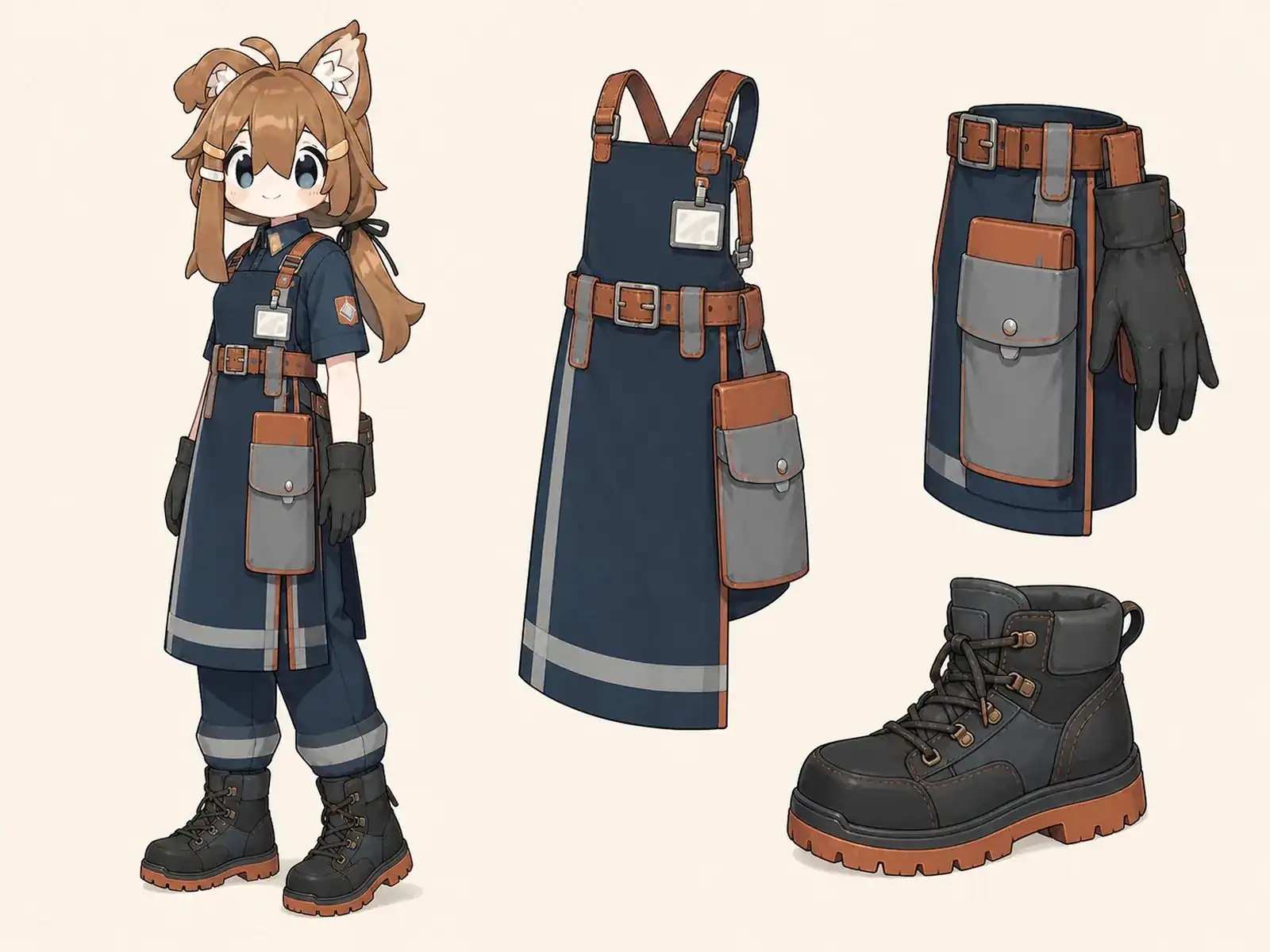 深夜清掃員 — 都市サービスの制服の衣装設定画。着用全身と首元、腰の留め具、裾・靴・尾口の構造図。