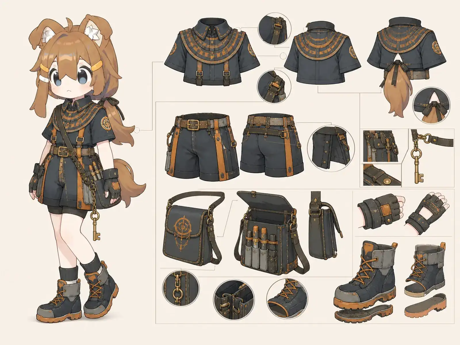 公共時計の管理人 — 都市サービスの制服の衣装設定画。着用全身と首元、腰の留め具、裾・靴・尾口の構造図。