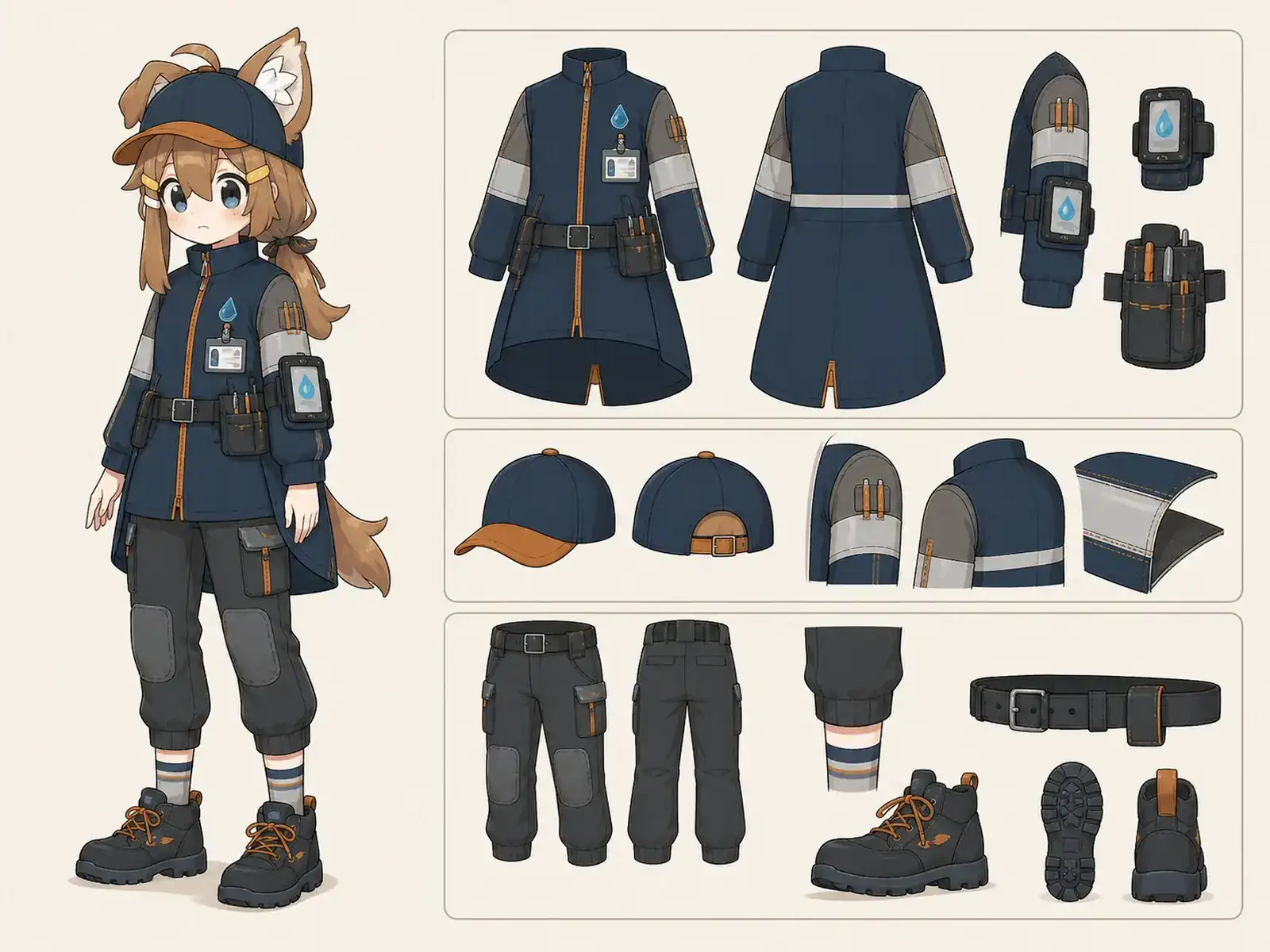 水道検針員 — 都市サービスの制服の衣装設定画。着用全身と首元、腰の留め具、裾・靴・尾口の構造図。