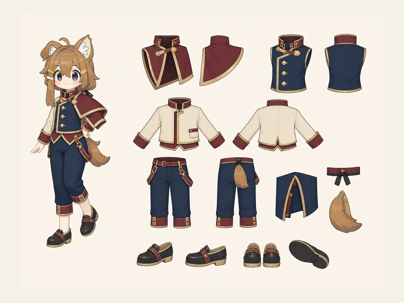 祝祭フラッグ・トラッド運営服の衣装設定画。着用全身と衣装部品の構造を示す独立設定画。