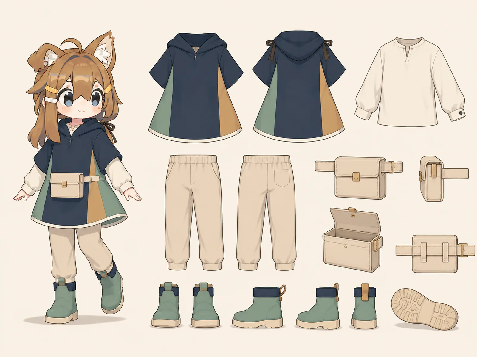 海岸砂丘の再生作業服の衣装設定画。着用全身と首元、腰の留め具、裾・靴・尾口の構造図。