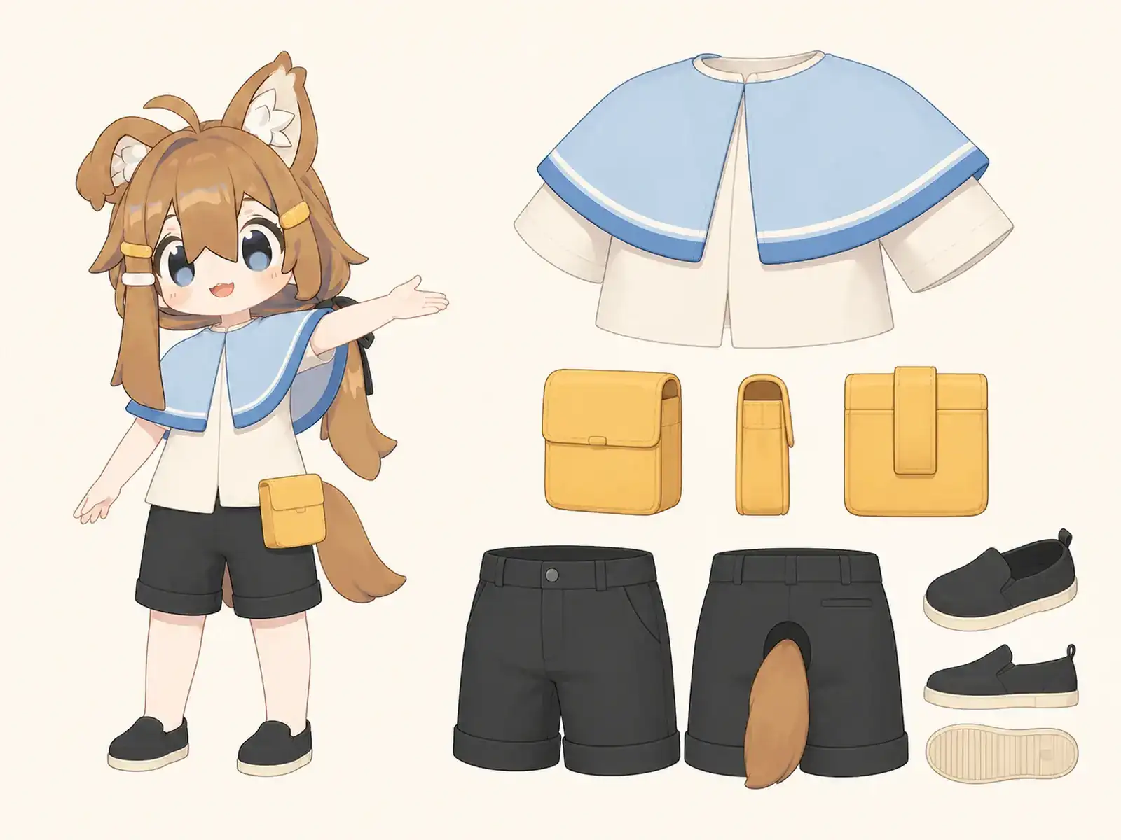 沿岸ソーラーフェリー案内服の衣装設定画。着用全身と首元、腰の留め具、裾・靴・尾口の構造図。