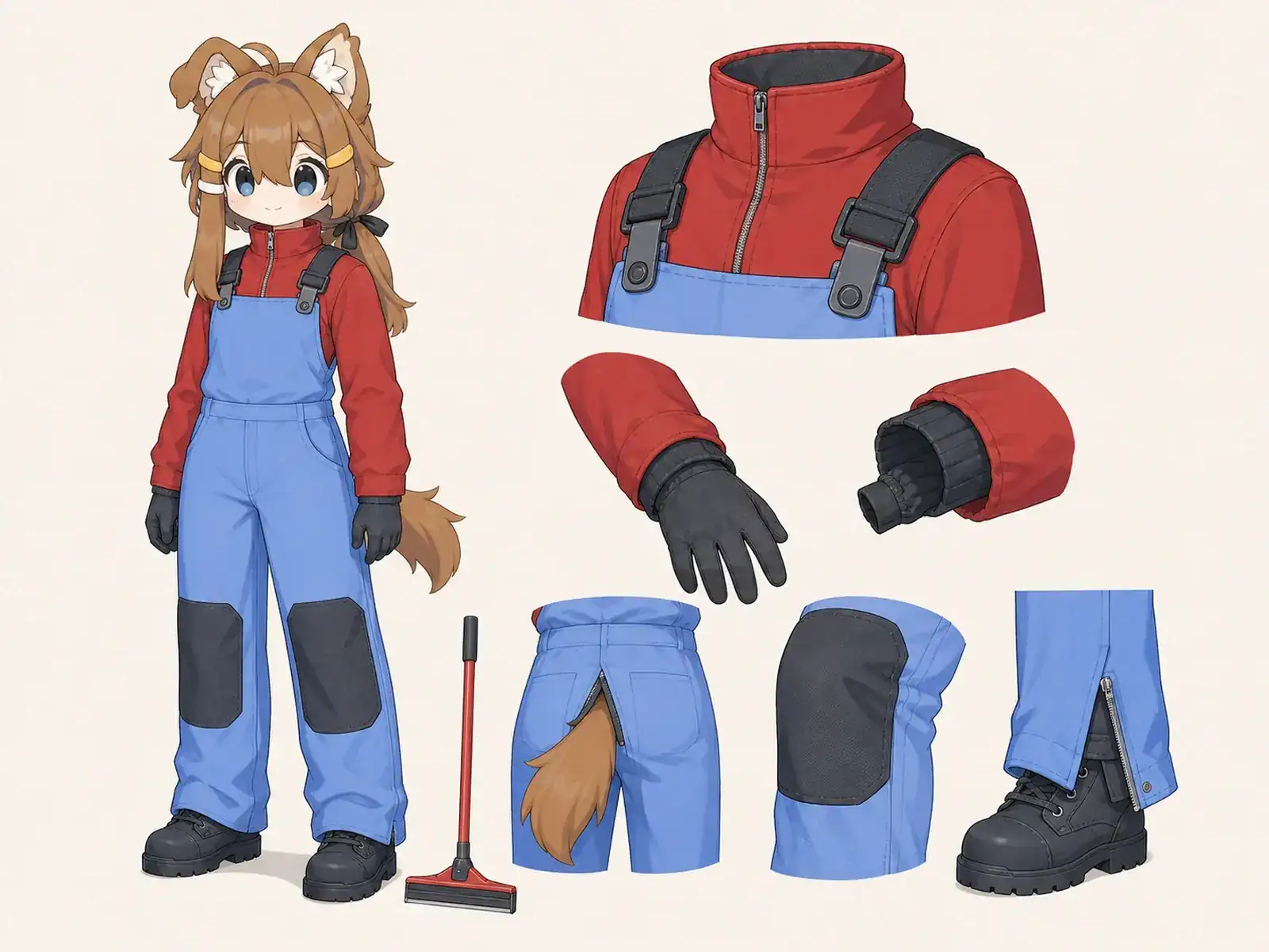 地域リンク転換期の保守服の衣装設定画。着用全身と首元、腰の留め具、裾・靴・尾口の構造図。