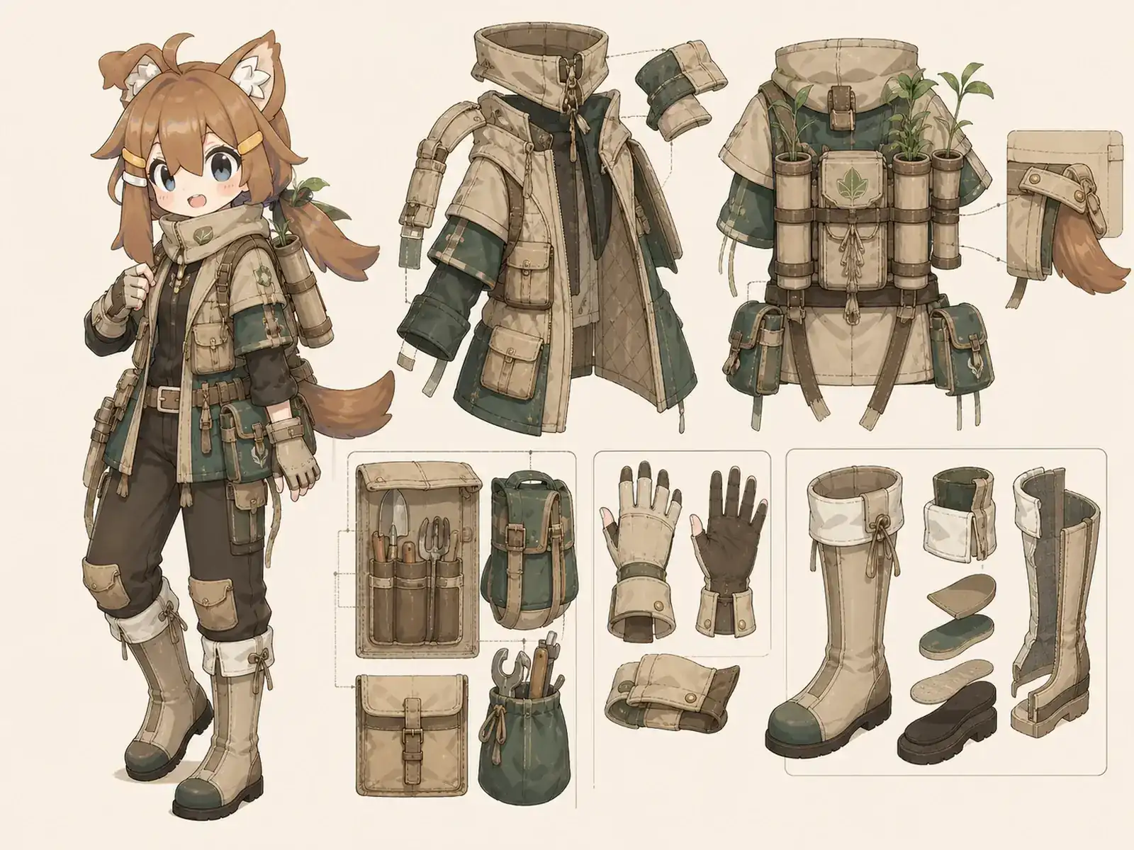 砂丘草本植栽員 — 環境保全の実務服の衣装設定画。着用全身と首元、腰の留め具、裾・靴・尾口の構造図。