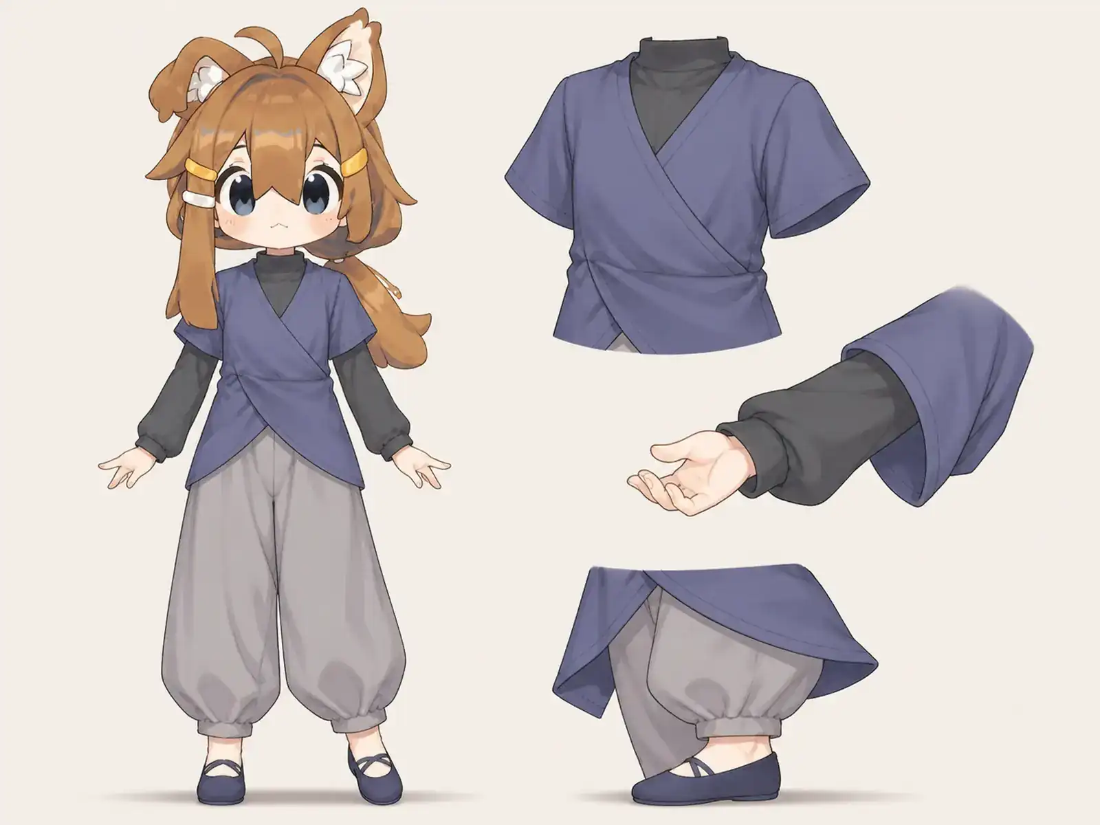 現代舞踊のリハーサル服の衣装設定画。着用全身と首元、腰の留め具、裾・靴・尾口の構造図。