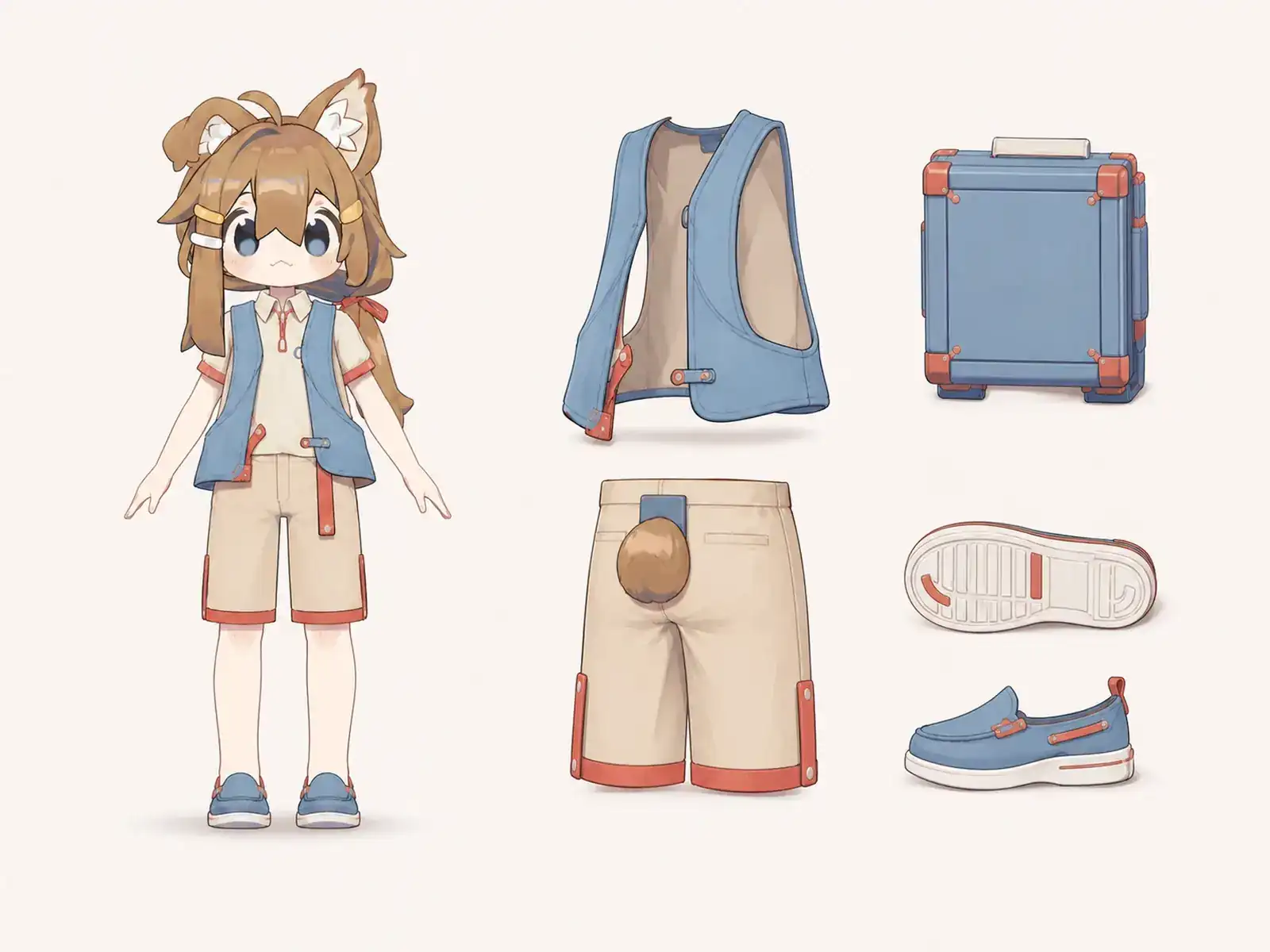 珊瑚海スクールボート講師服の衣装設定画。着用全身と首元、腰の留め具、裾・靴・尾口の構造図。