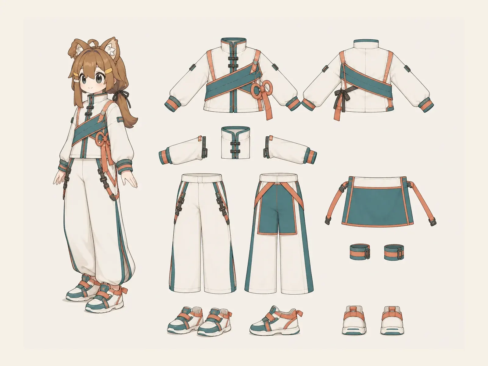 リボン構築ウォームアップ服の衣装設定画。着用全身と衣装部品の構造を示す独立設定画。