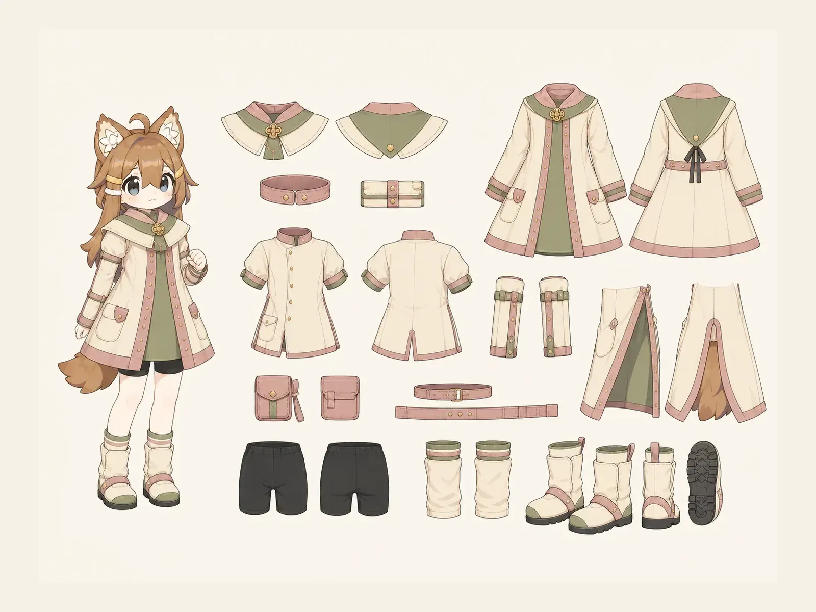 朝凪のアダプティブ・機能服・戦闘・護衛衣装の衣装設定画。着用全身と衣装部品の構造を示す独立設定画。
