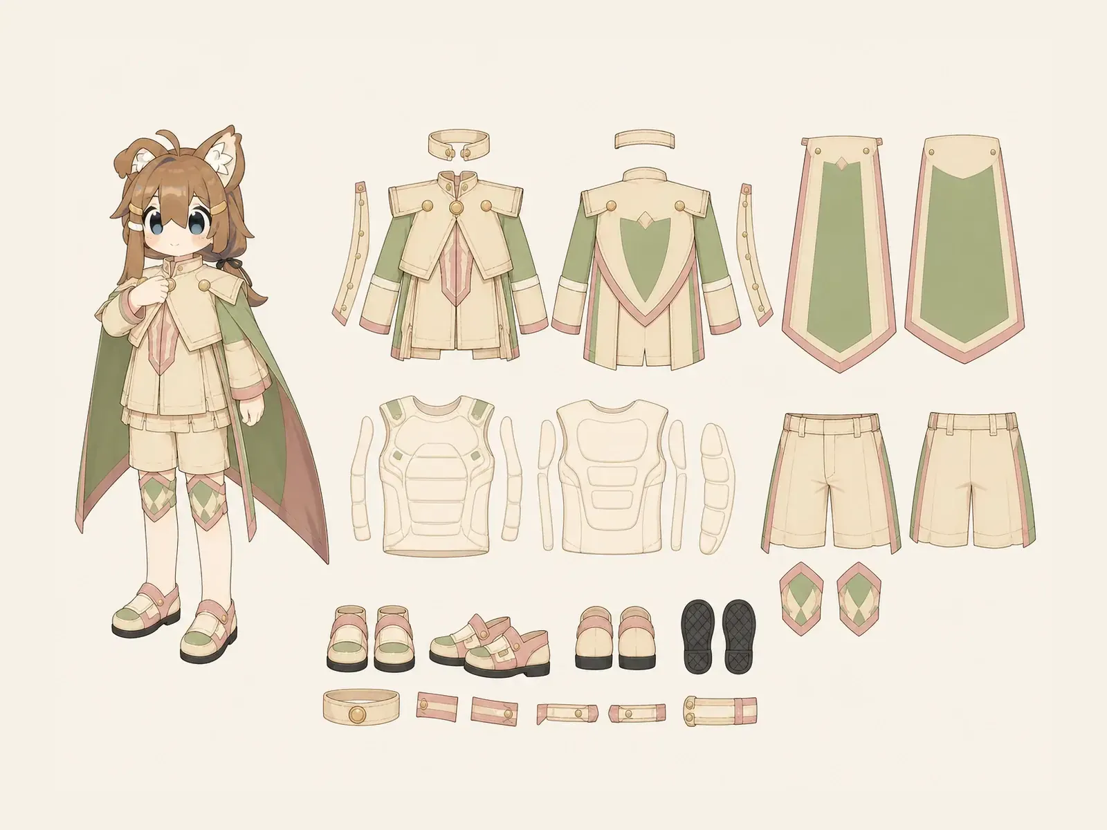 朝凪のアダプティブ・機能服・式典・礼装衣装の衣装設定画。着用全身と衣装部品の構造を示す独立設定画。
