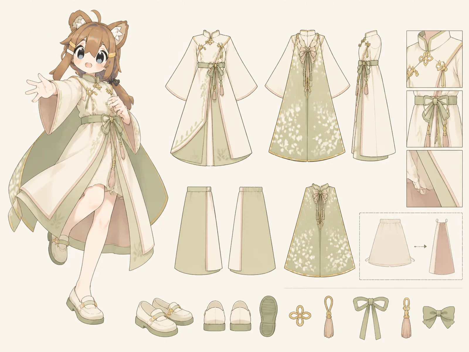 木漏れ日のアダプティブ・機能服・式典・礼装衣装の衣装設定画。着用全身と衣装部品の構造を示す独立設定画。
