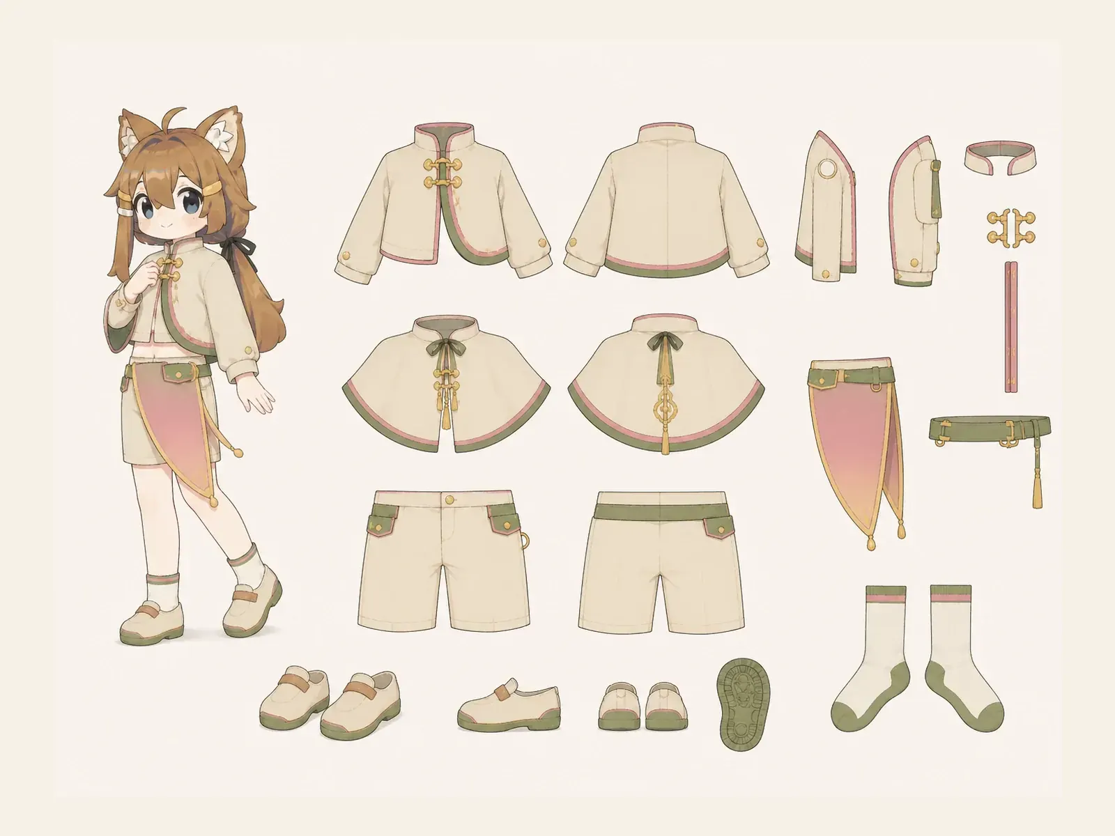 夕映えのアダプティブ・機能服・式典・礼装衣装の衣装設定画。着用全身と衣装部品の構造を示す独立設定画。