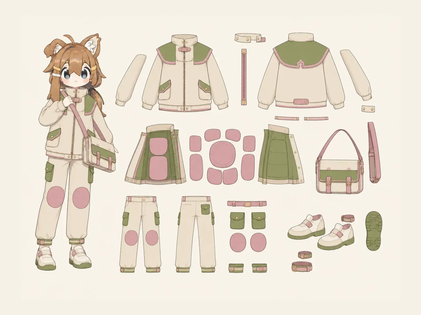 朝凪のアダプティブ・機能服・通勤・通学衣装の衣装設定画。着用全身と衣装部品の構造を示す独立設定画。