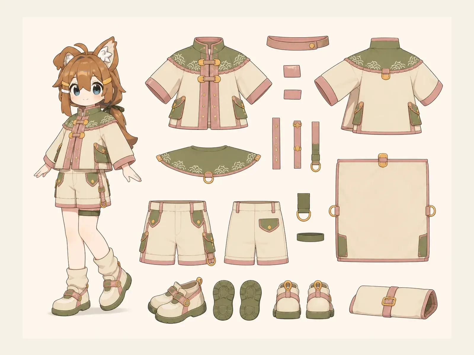 朝凪のアダプティブ・機能服・祭り・イベント衣装の衣装設定画。着用全身と衣装部品の構造を示す独立設定画。